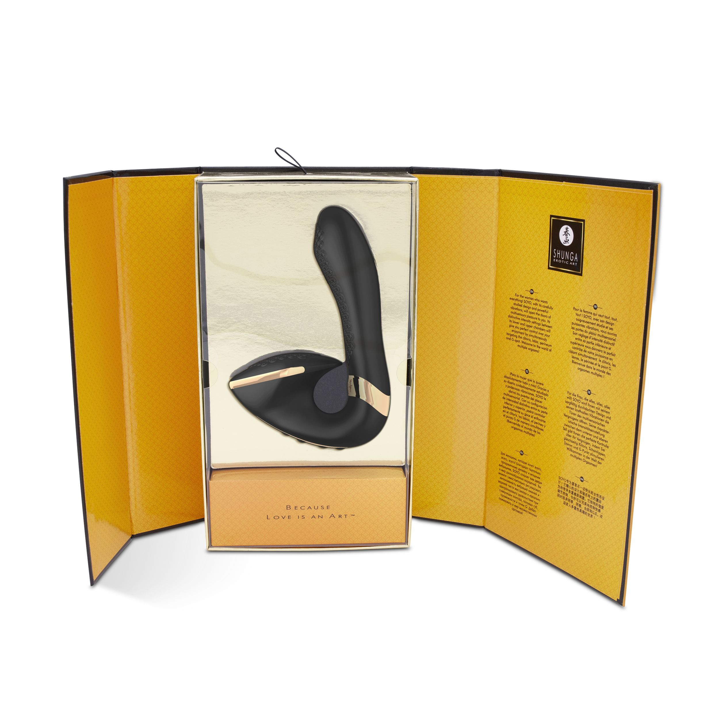 Un vibrador negro dentro de una caja abierta, amarillo dorado, con texto e ilustraciones, sobre una superficie blanca.
