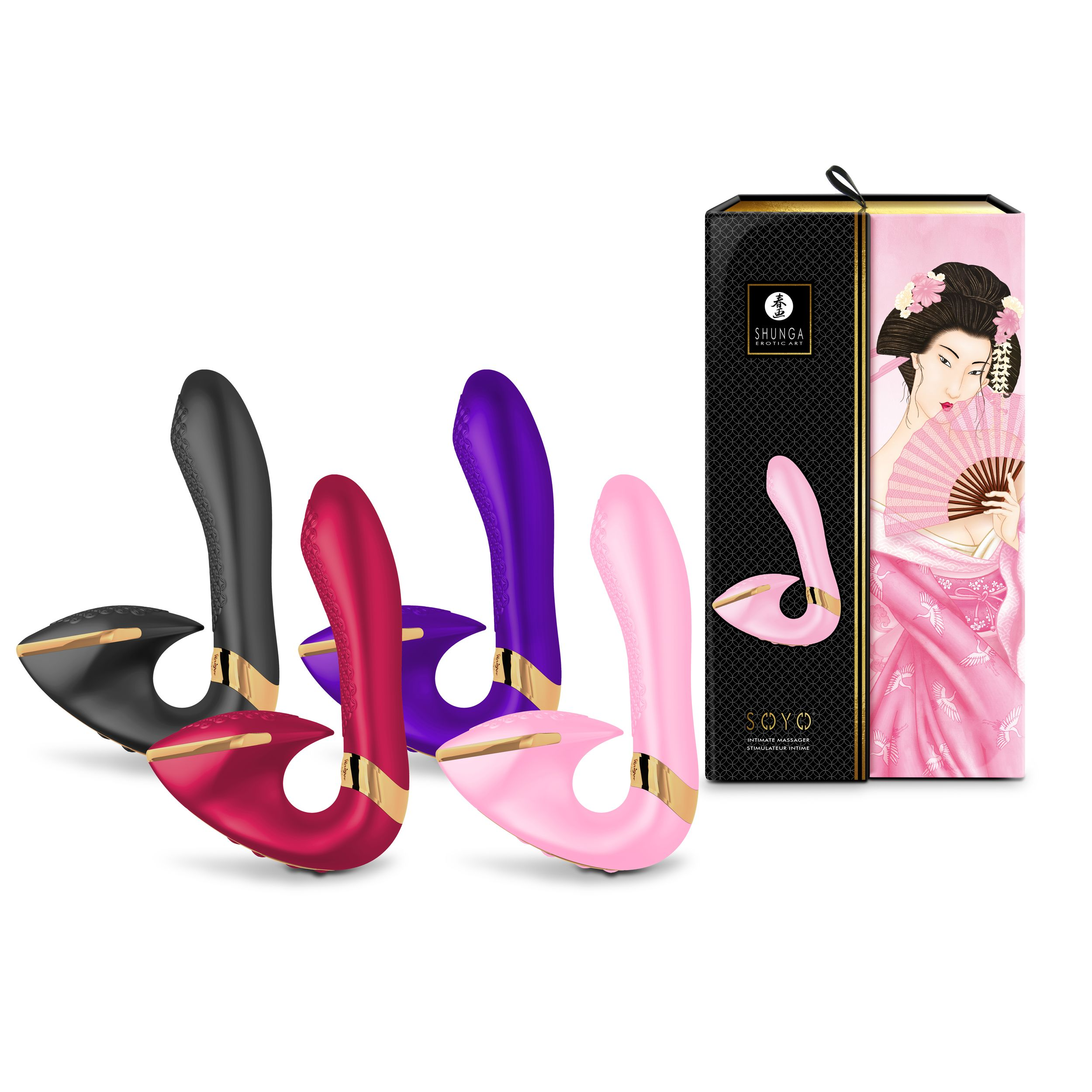 Tres juguetes sexuales en negro, rojo y morado y uno rosa frente a una caja con ilustración de geisha.