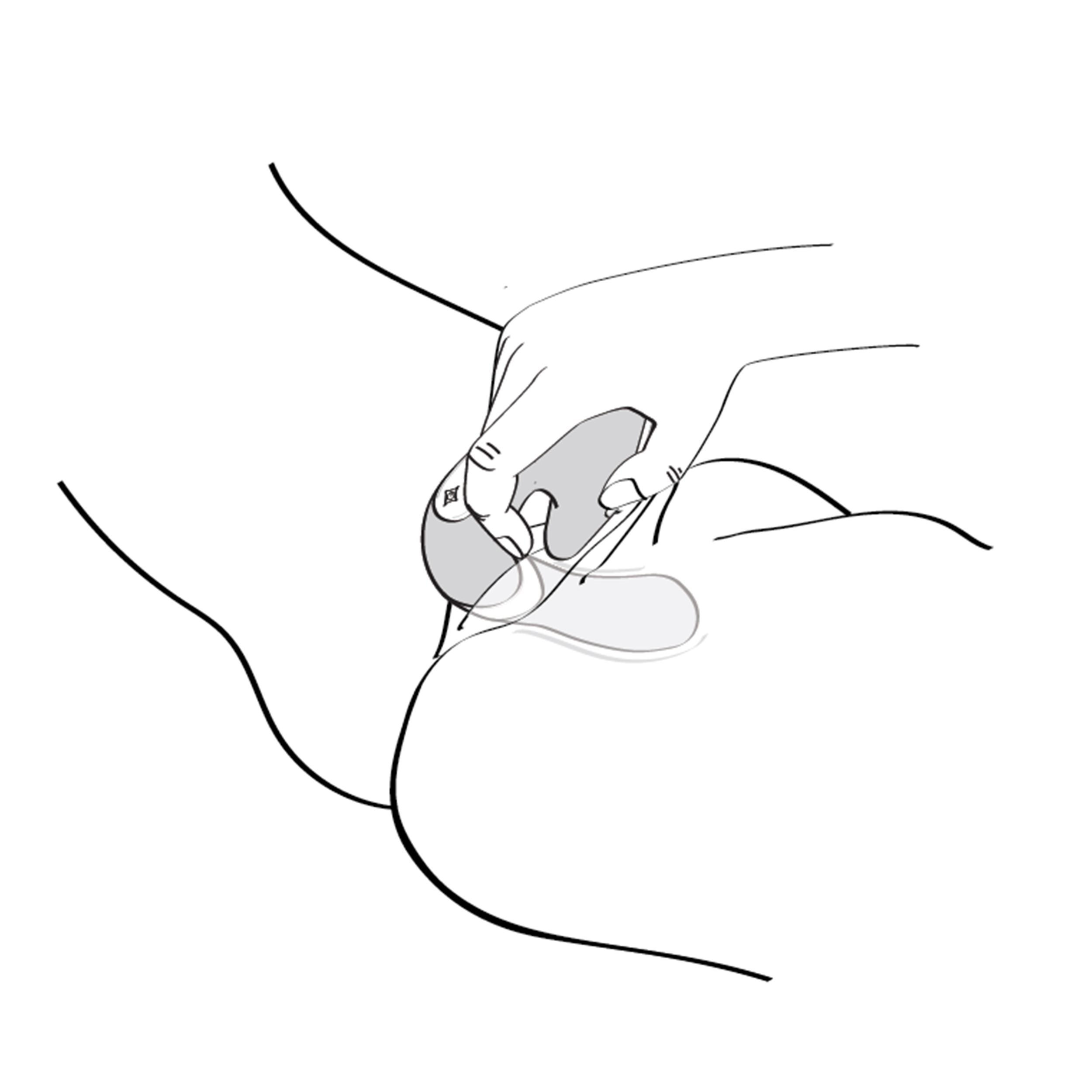 Dibujo lineal que muestra una mano usando un juguete sexual. Detalles grises resaltan el juguete.