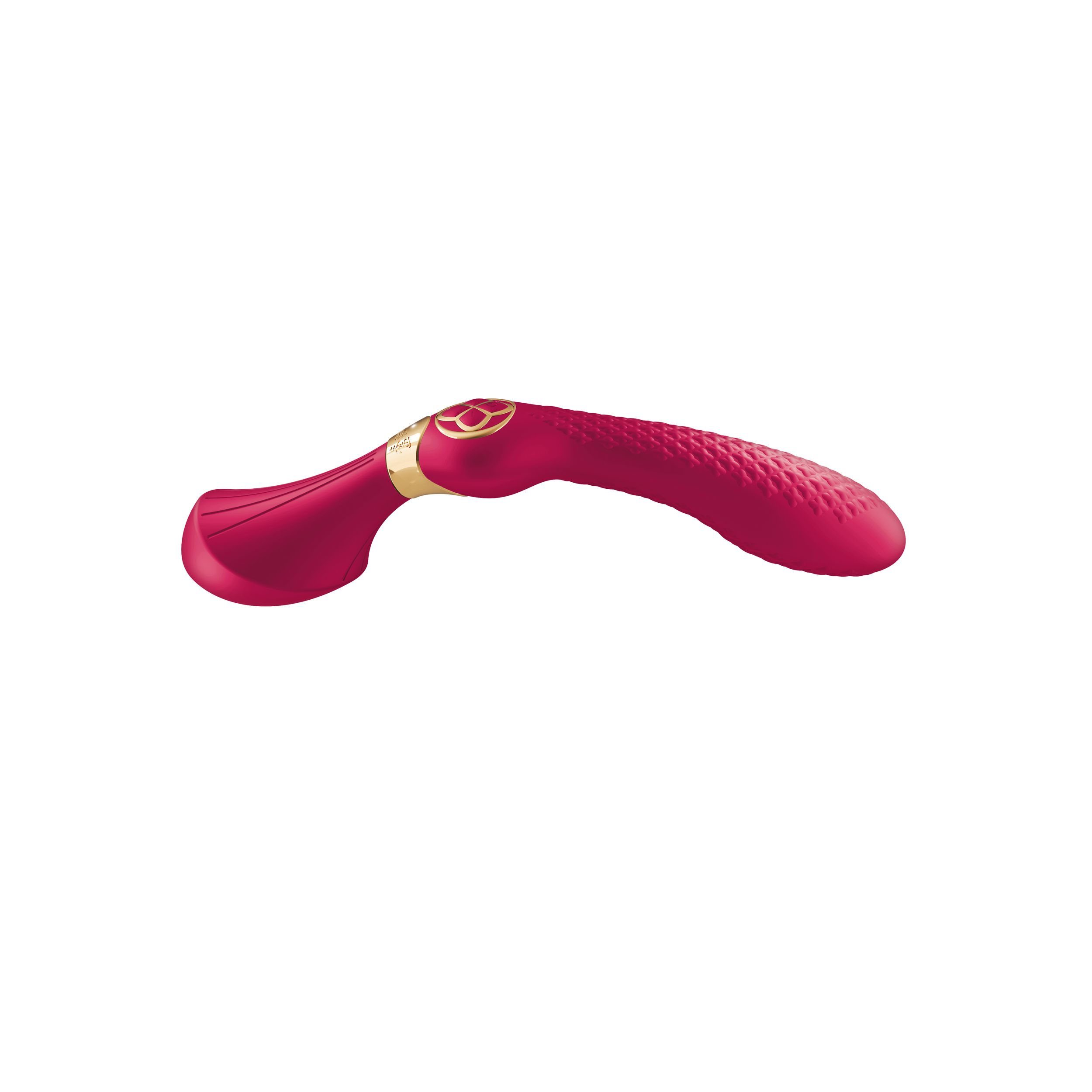 Ein roter Vibrator mit strukturierter Oberfläche und goldenen Akzenten wird auf weißem Hintergrund gezeigt.
