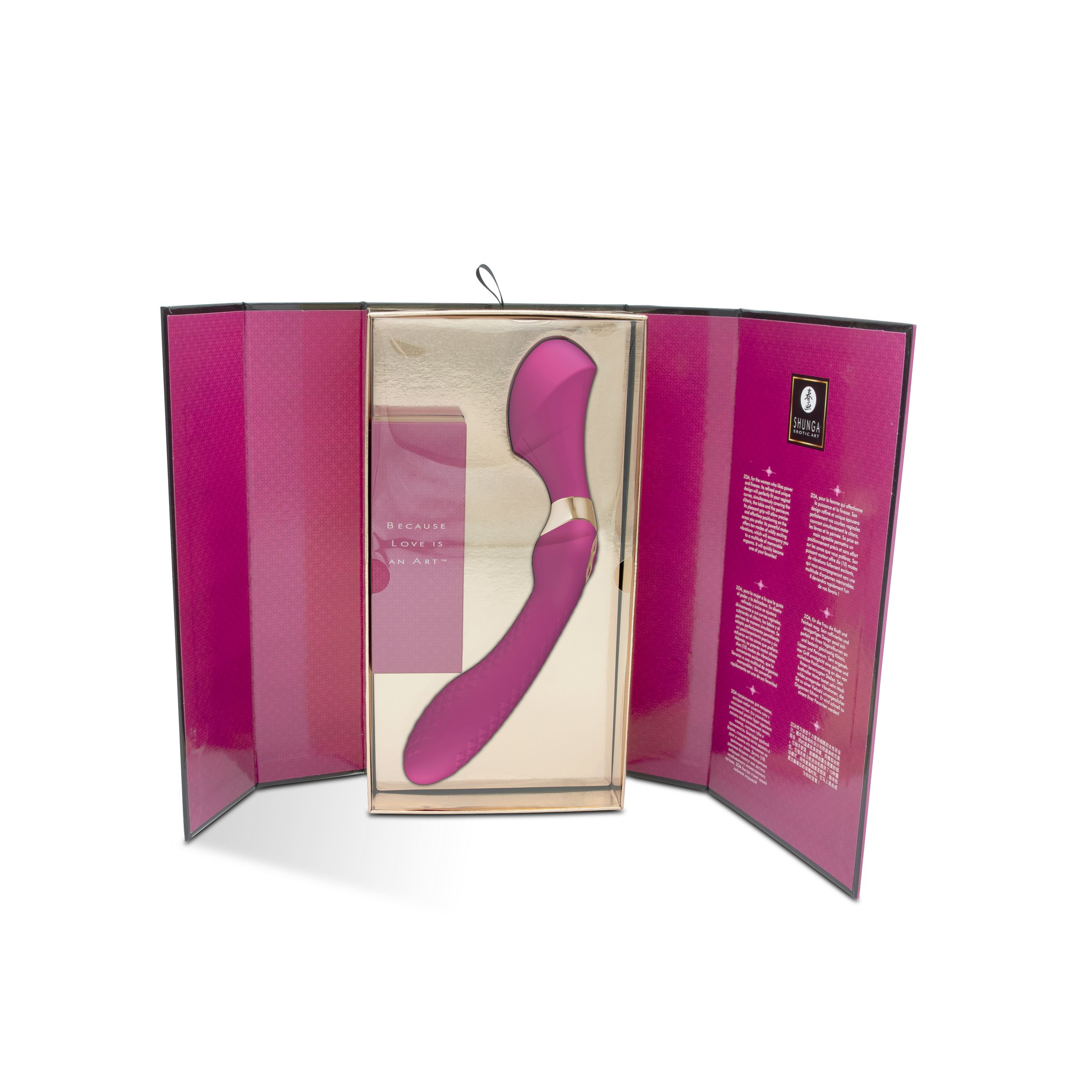 Ein pinkfarbener Vibrator wird in einer geöffneten Box mit Text und Illustrationen auf den Innenseiten präsentiert.