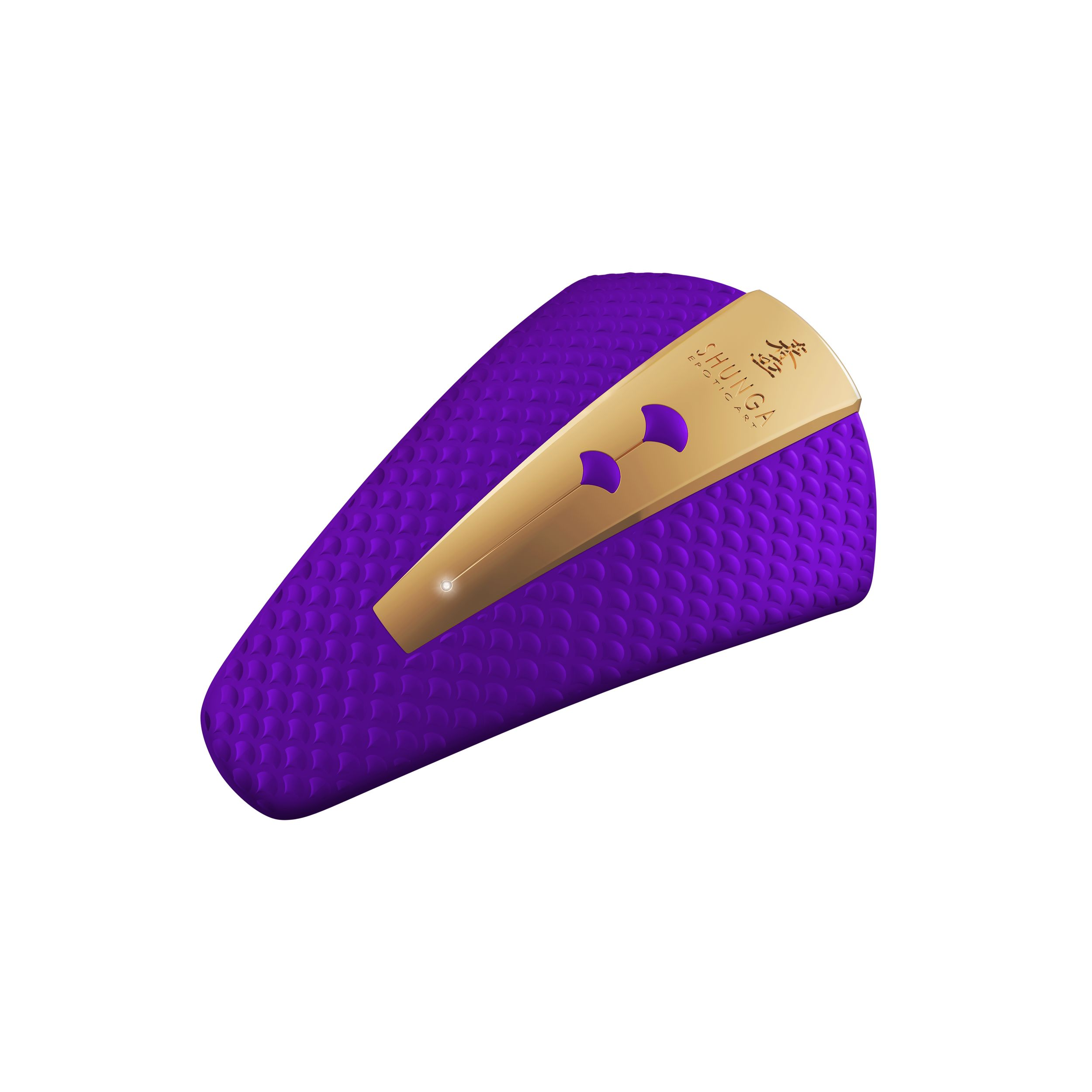 Un juguete sexual morado con un acento dorado descansa sobre una superficie blanca.