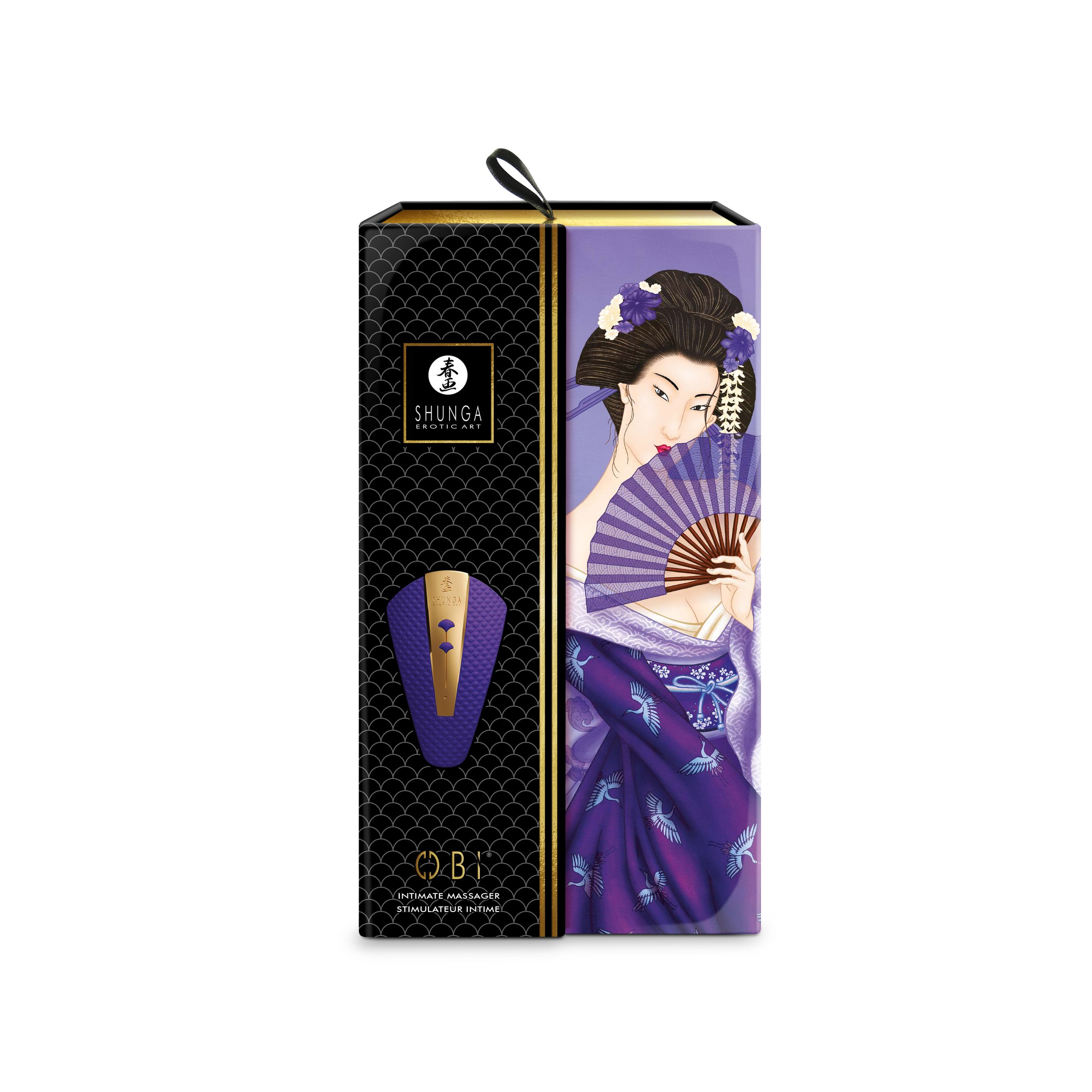 Un vibrador y una caja con una ilustración de geisha. La caja es negra y dorada.