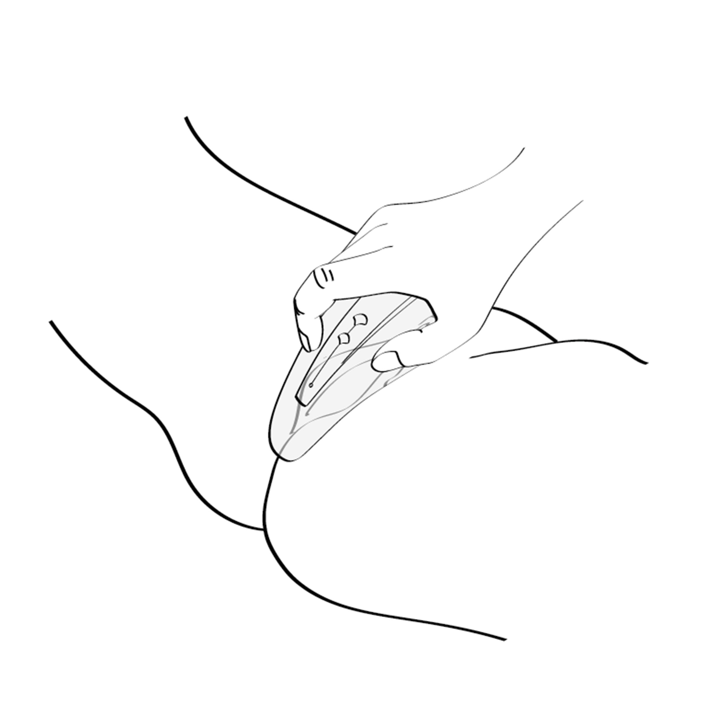 Dibujo lineal de una mano usando un juguete sexual. El juguete es un objeto pequeño y curvo.