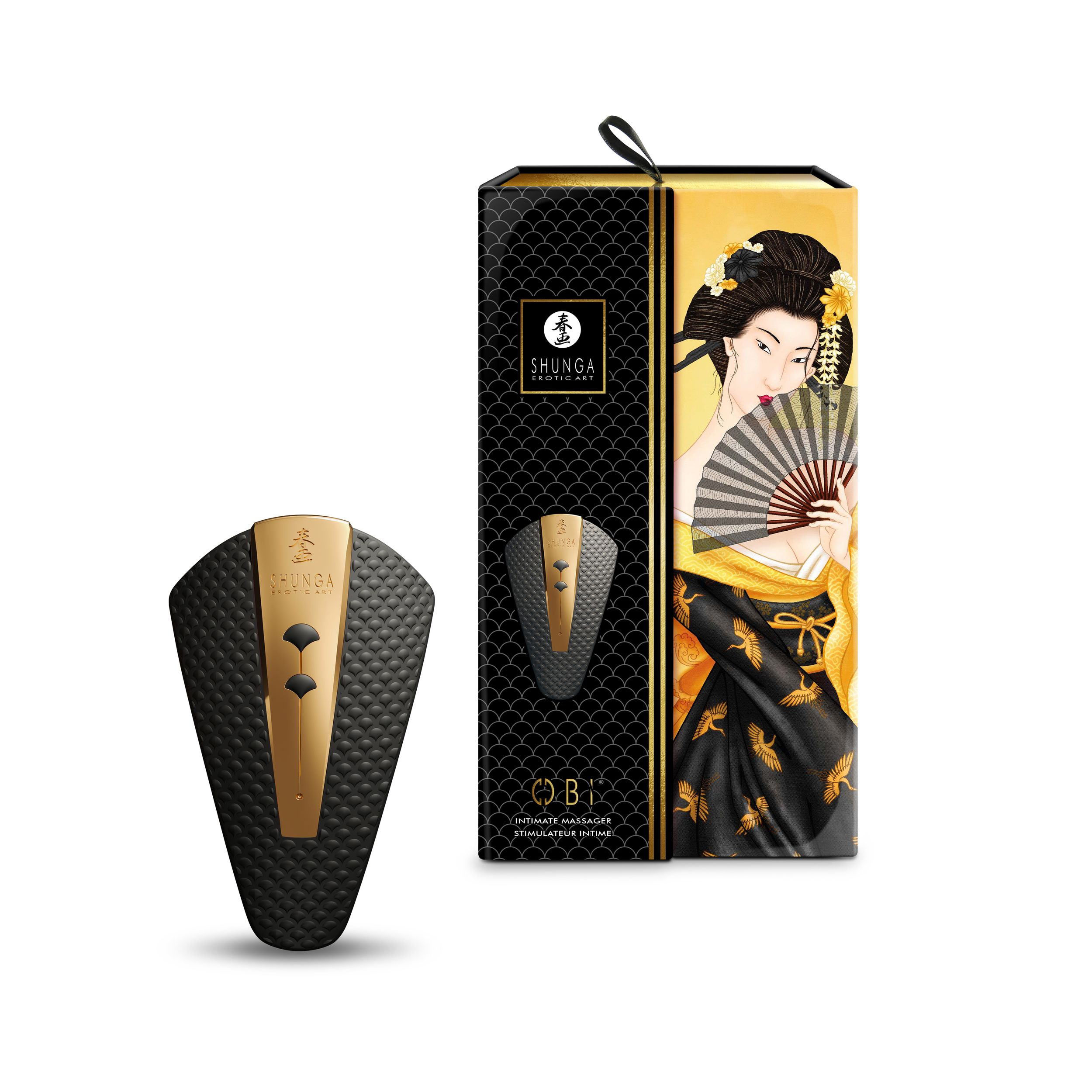 Vibrador negro y dorado con una caja, con una geisha con un abanico.