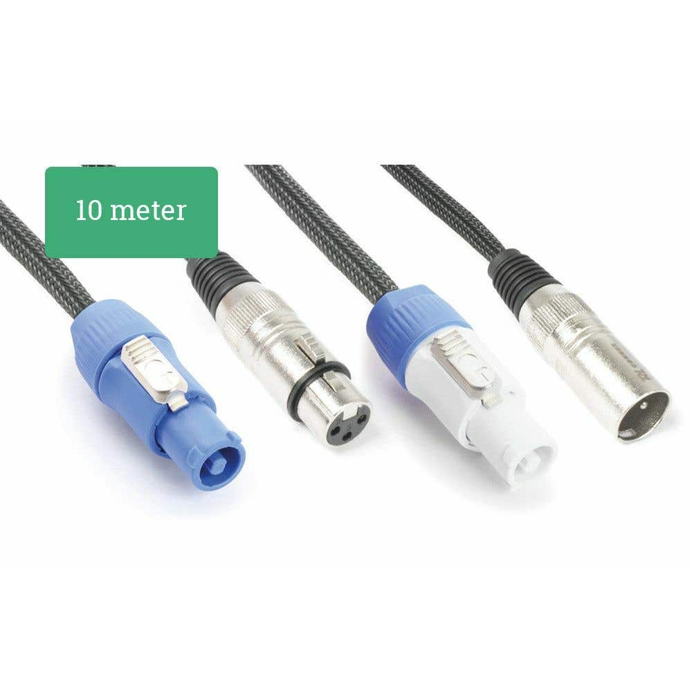 Cable negro con conectores XLR. Etiqueta dice '10 metros'. Fondo blanco.