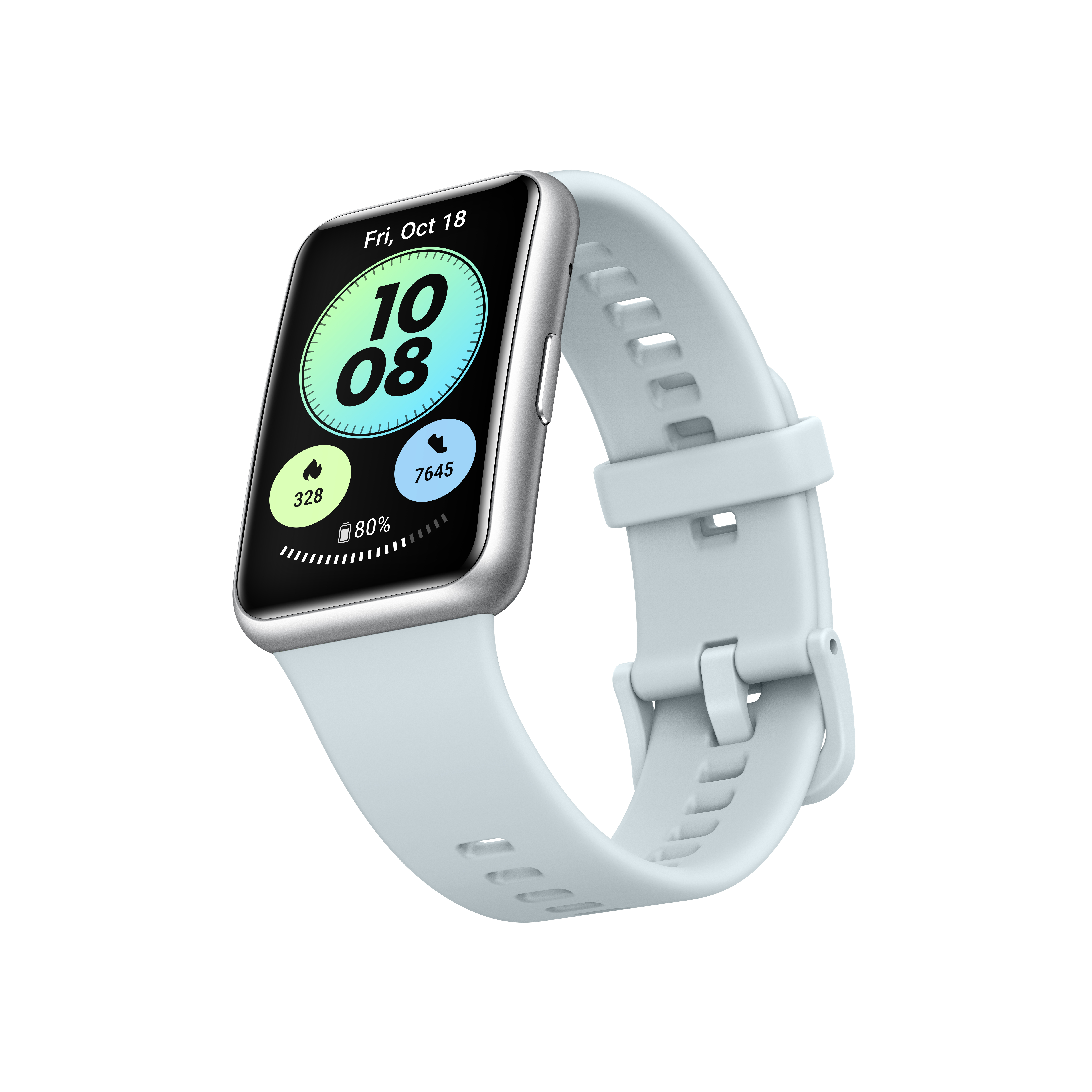 Eine hellblaue Smartwatch mit rechteckigem Bildschirm zeigt Zeit, Datum, Schritte und Herzfrequenz an.