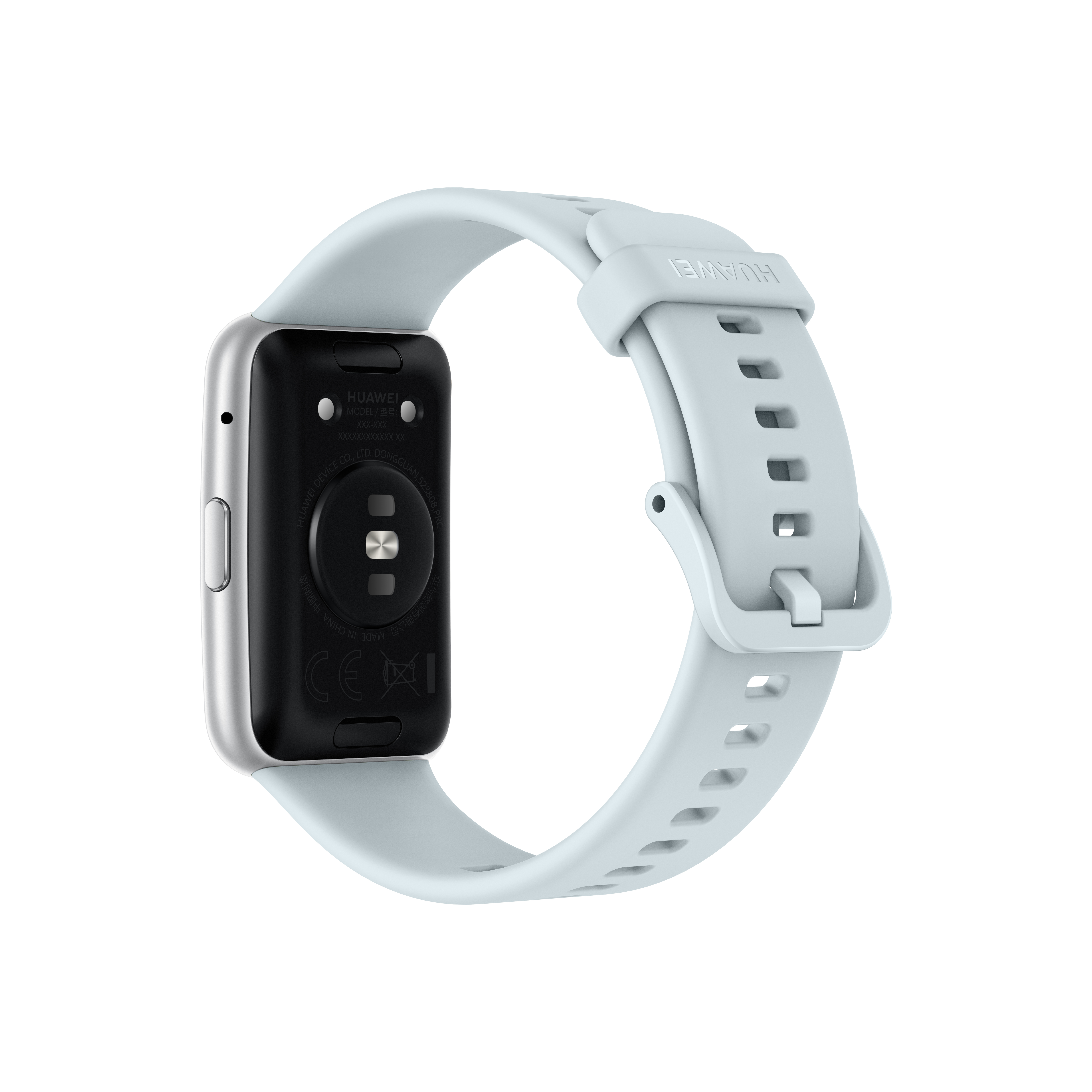 Ein Huawei Fitness-Tracker, Rückansicht. Er hat ein silbernes Gehäuse mit einem schwarzen Sensorbereich und einem hellblauen Armband.