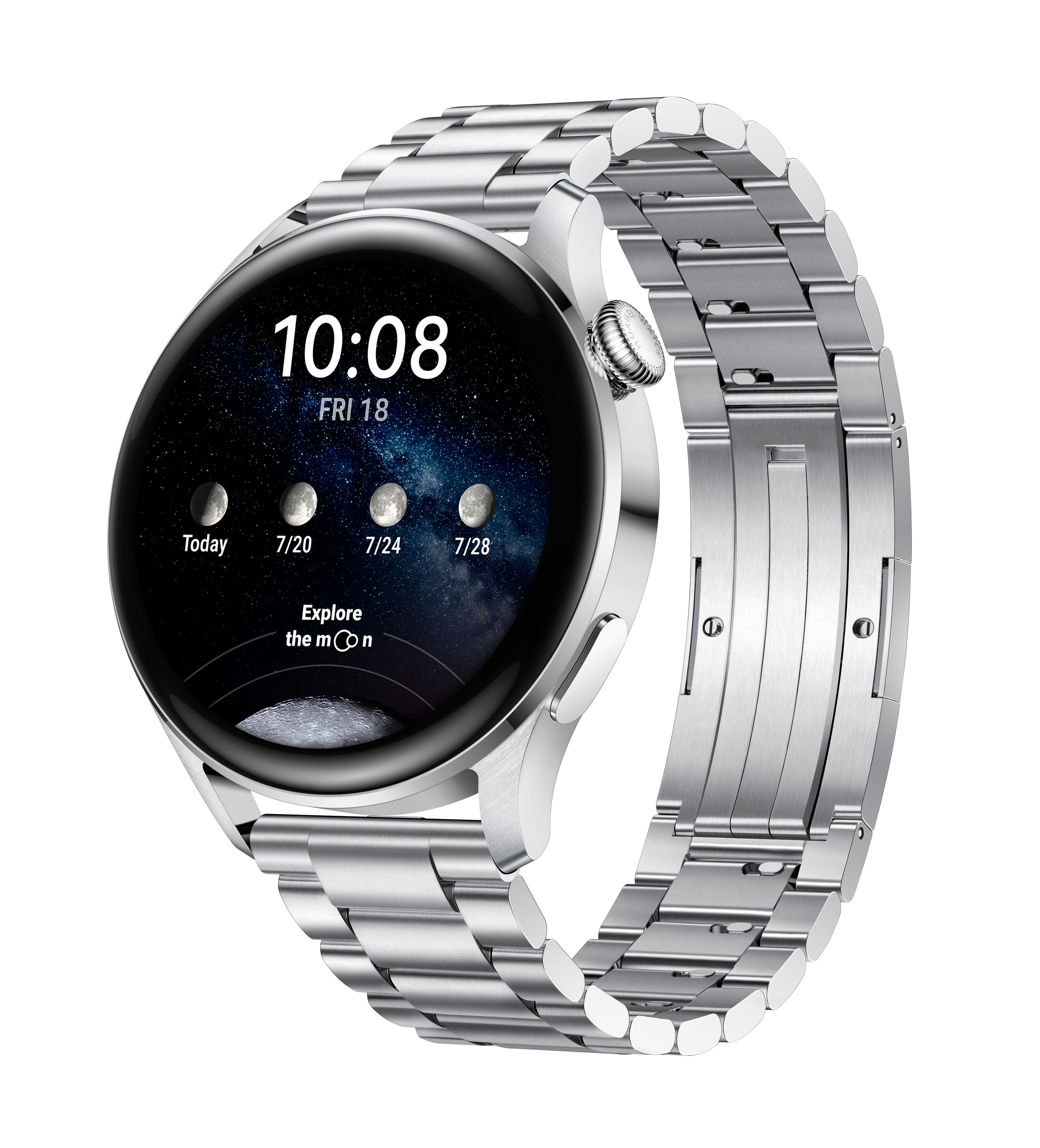 Smartwatch plateado con esfera redonda, mostrando la hora y fases lunares, en una pulsera plateada.