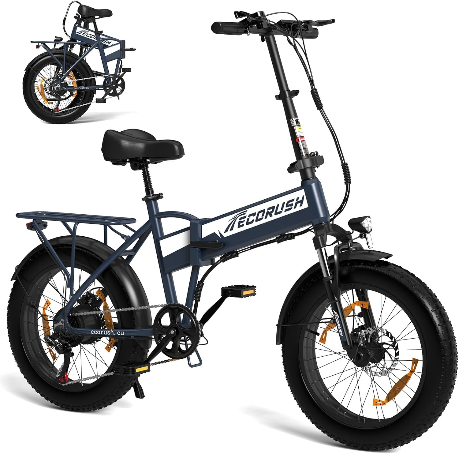 Bicicleta eléctrica plegable azul con cuadro negro, neumáticos y portaequipajes trasero. Fondo blanco.