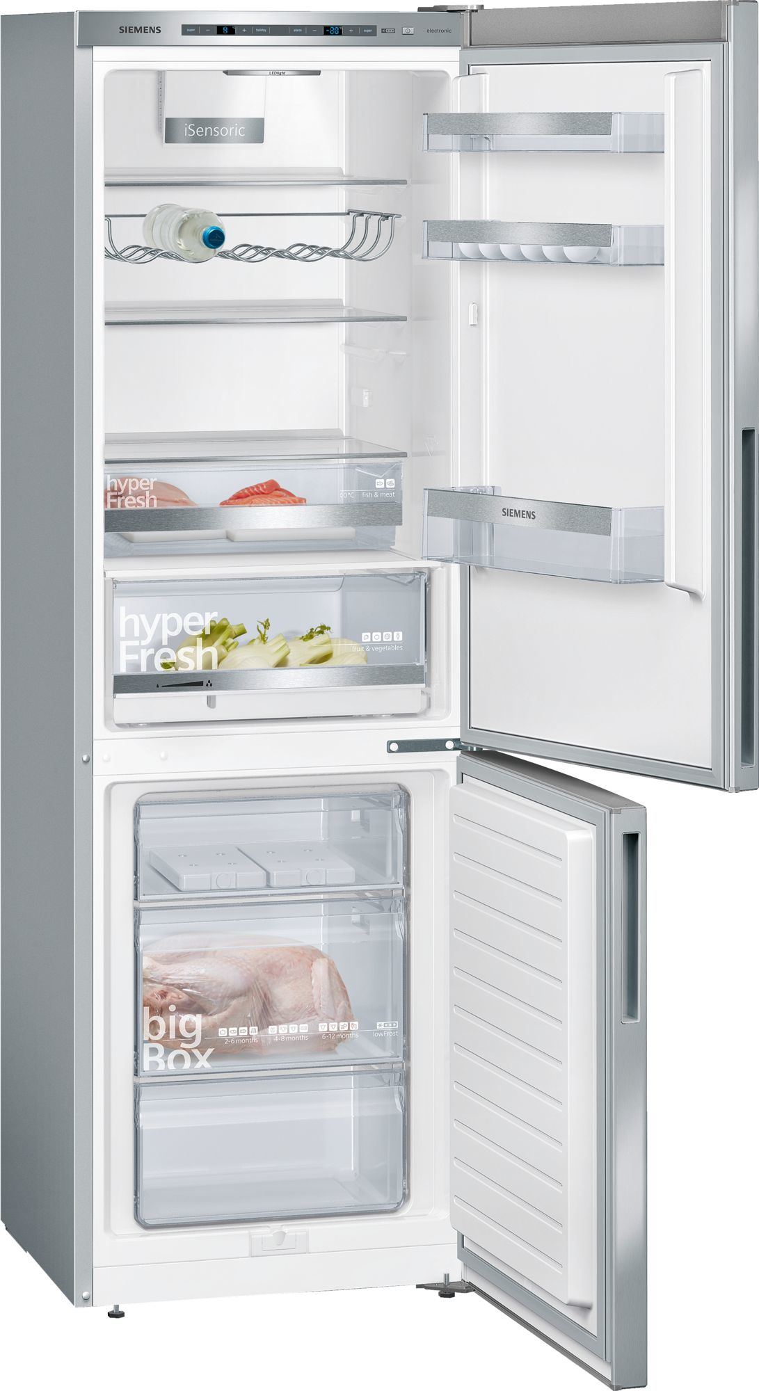 Kühlschrank mit offenen Türen. Innen, Regale mit Essen, darunter eine Flasche, und Schubladen für Gemüse und Fleisch. Silber.