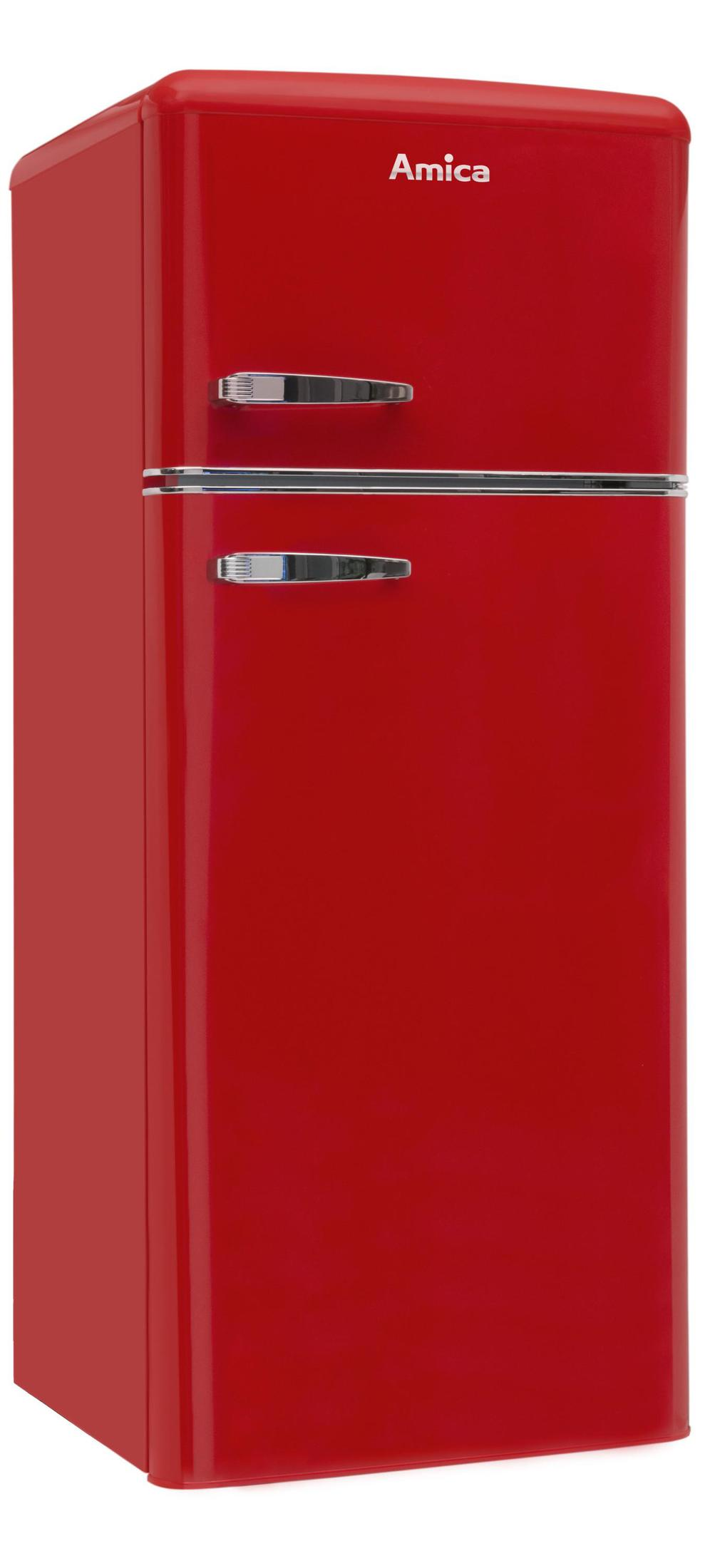 Ein hellroter Kühlschrank im Retro-Stil mit oberer und unterer Tür.