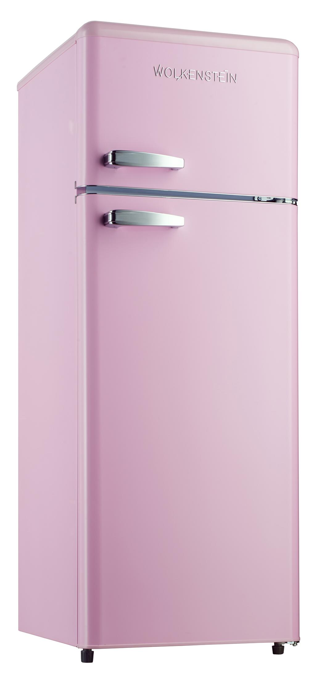 Ein rosa Retro-Kühlschrank mit silbernen Griffen und dem Wort „WOLKENSTEIN“ oben.