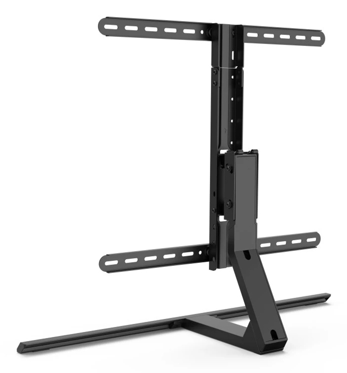 Un supporto TV nero con staffe regolabili su sfondo bianco dal design semplice.