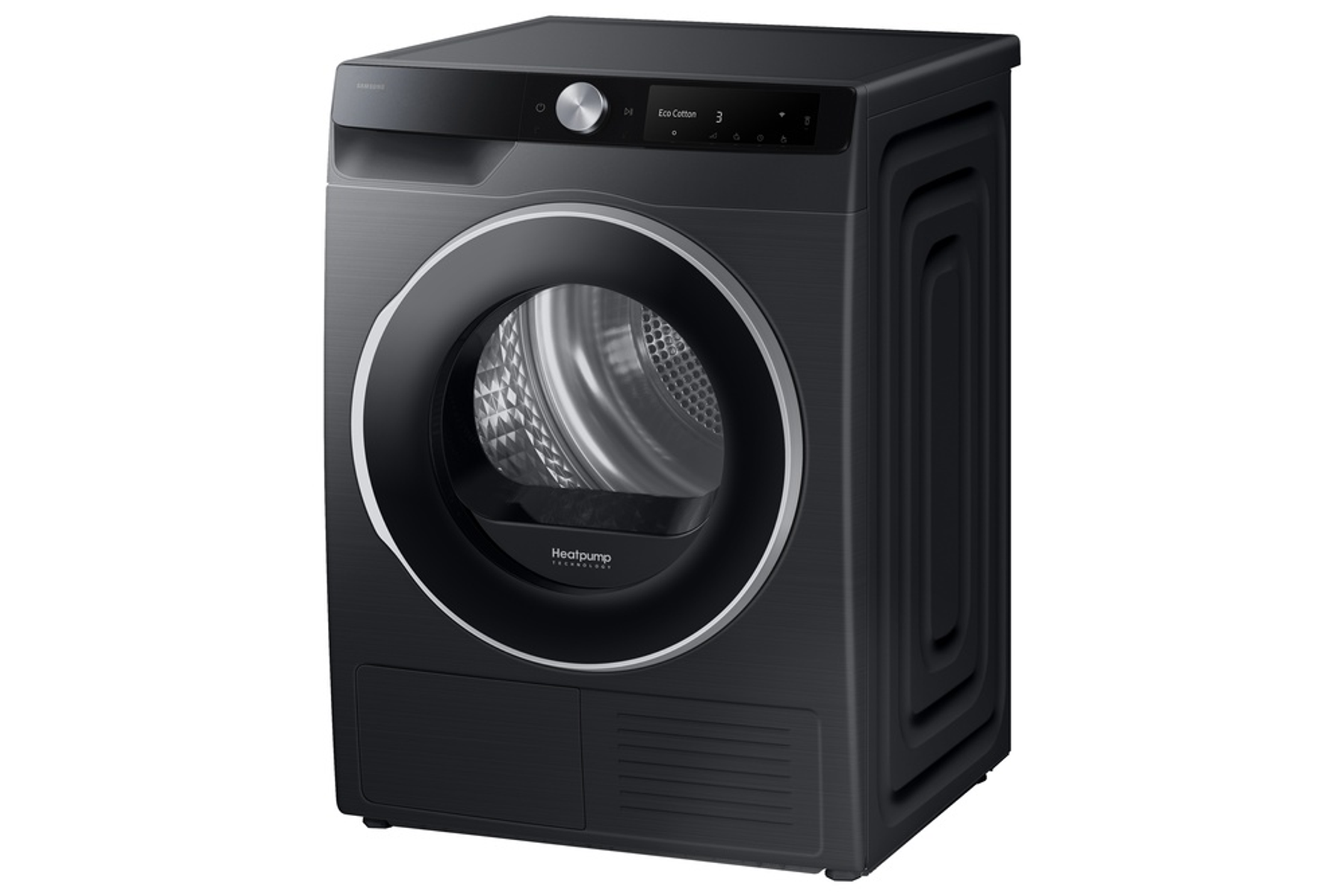 Czarna suszarka ze srebrnym pierścieniem wokół drzwi na białym tle.