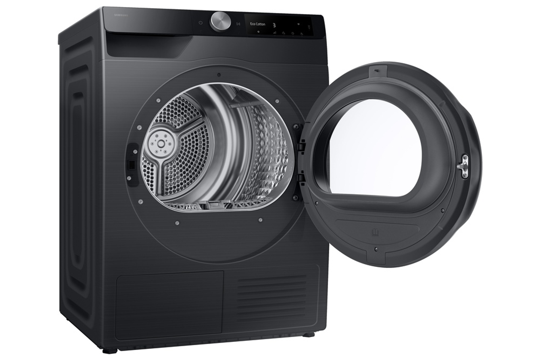 Czarna suszarka Samsung z otwartymi drzwiami. Widoczny bęben. Urządzenie na białym tle.