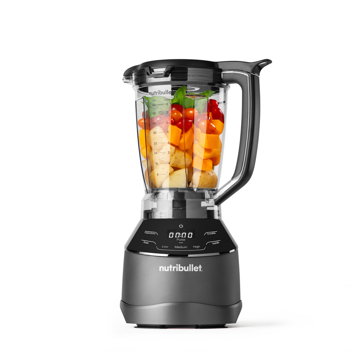 Blender Nutribullet z owocami i warzywami w środku. Czarna podstawa, cyfrowy ekran i przyciski.
