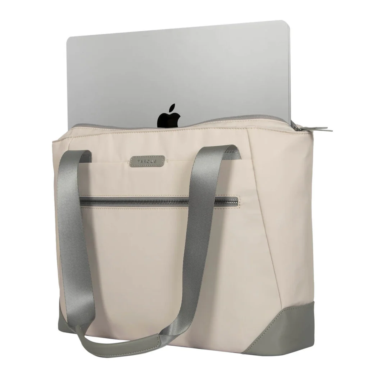 Tragetasche mit einem Laptop darin. Die Tasche ist beige, hat graue Akzente und graue Träger.