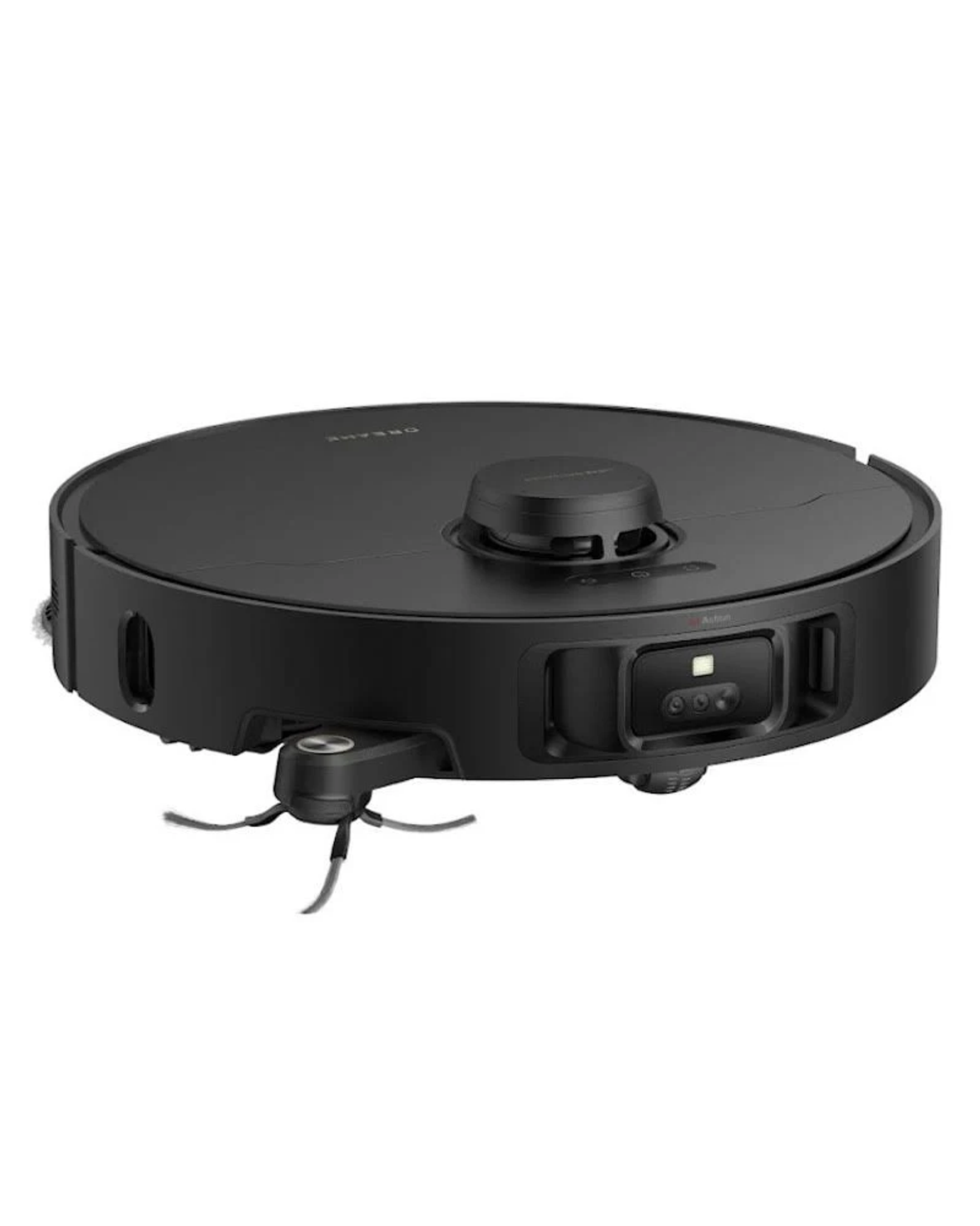 Czarny robot odkurzający ze szczotką i czujnikami z przodu. Marka to Dreame.