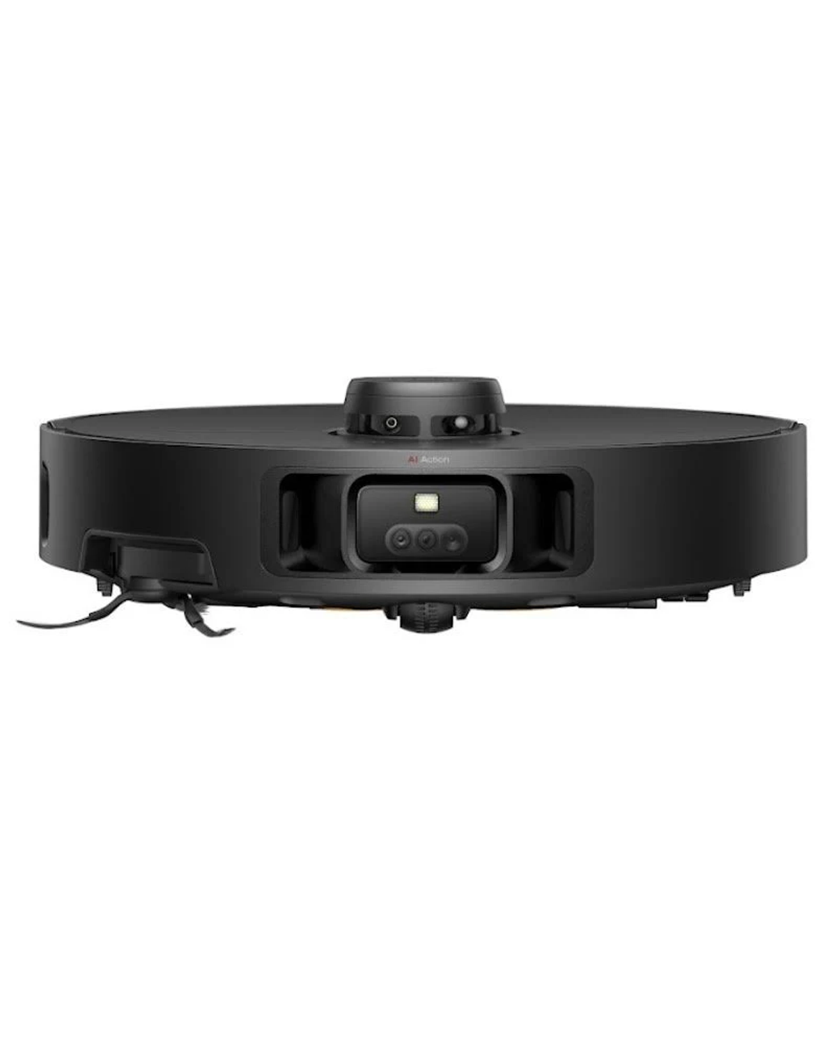 Czarny robot odkurzający. Ma kamerę i czujniki do nawigacji i czyszczenia. Marka to Dreame.