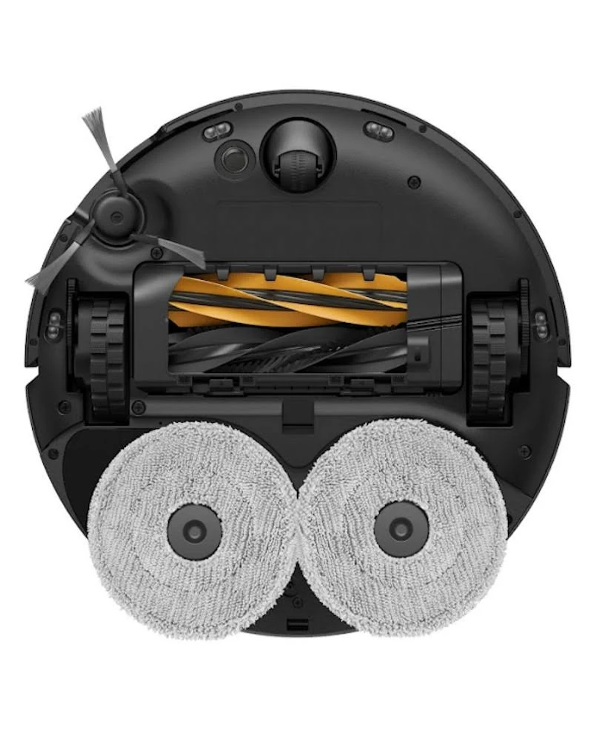 Widok od spodu czarnego robota odkurzającego, pokazujący koła, pady czyszczące i szczotki. Marka: Dreame.