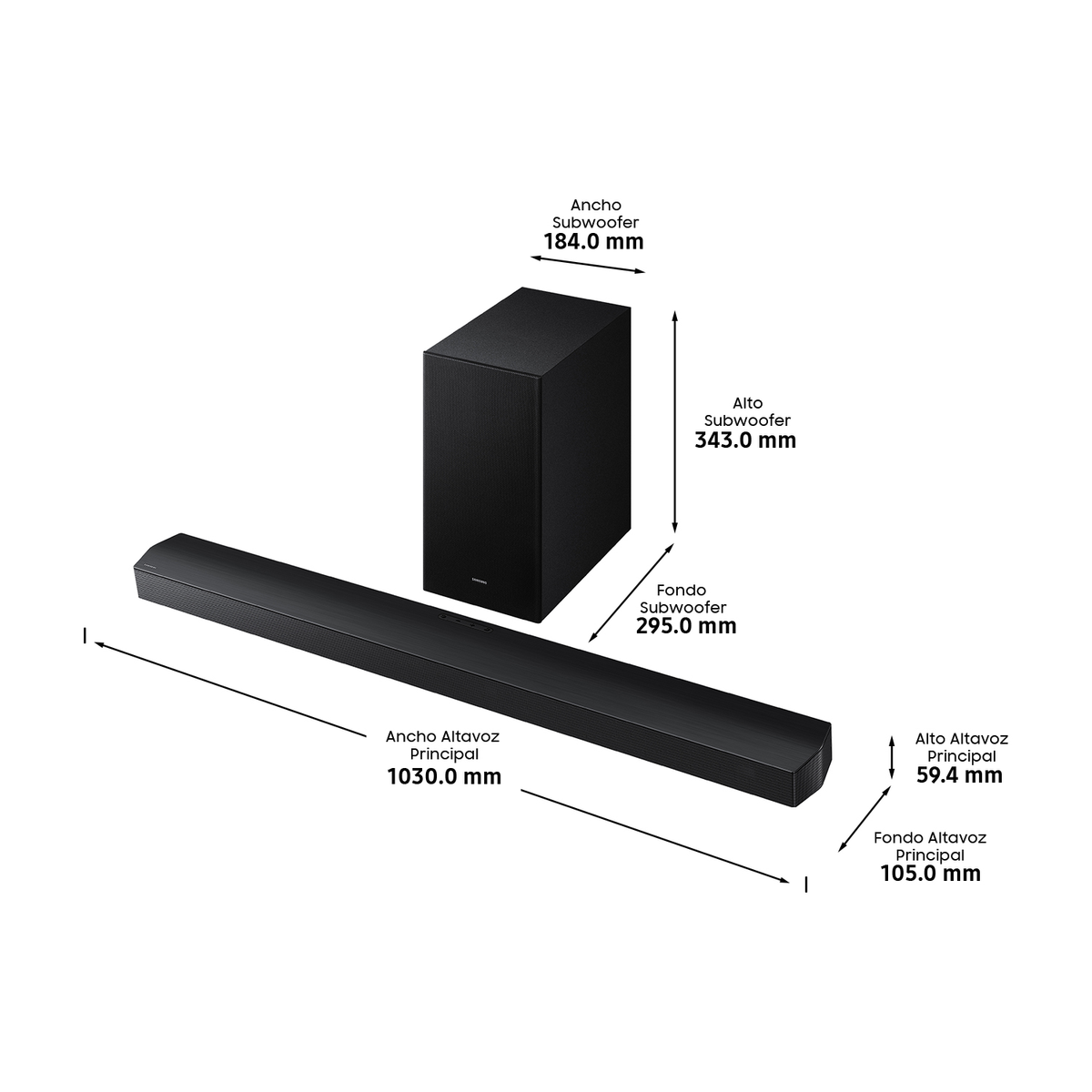Una barra de sonido negra con un subwoofer, se muestran las dimensiones. La barra de sonido está en la parte inferior, el subwoofer a la derecha.