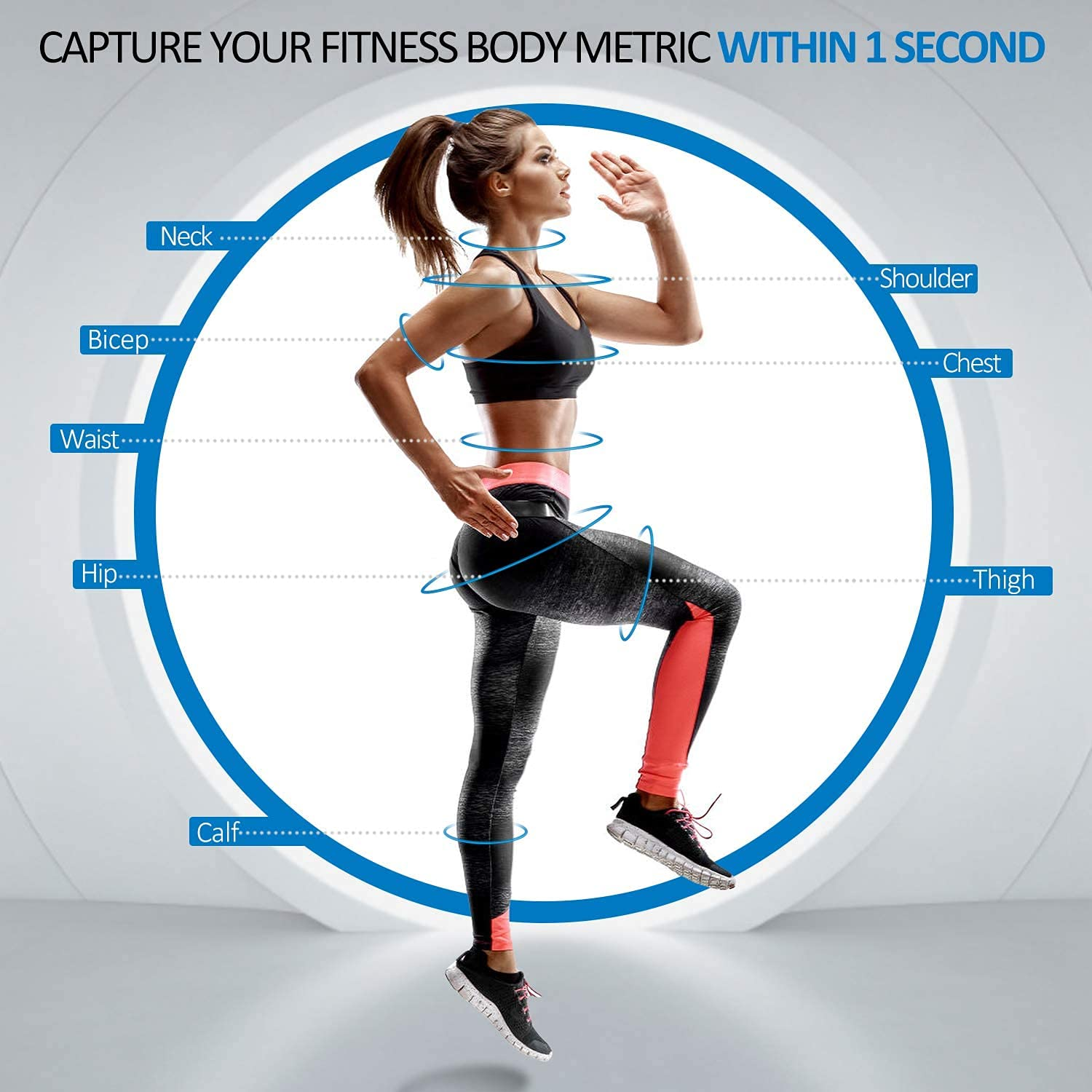 Mujer en ropa deportiva, demostrando medidas de fitness. Diagrama muestra cuello, bíceps, cintura, cadera, pantorrilla, hombro, pecho, muslo.