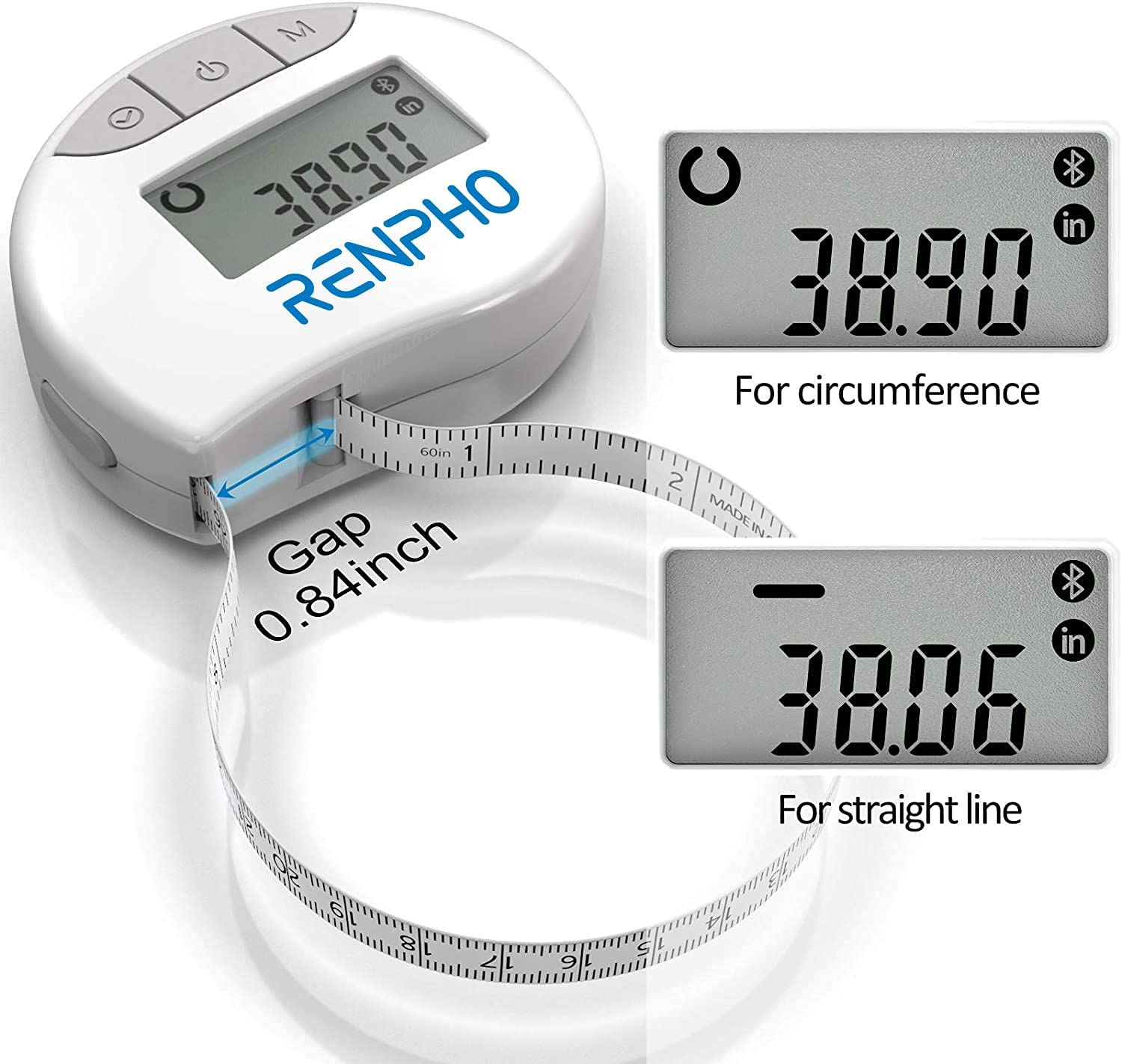 Un flexómetro blanco con una pantalla digital que muestra 38,90. También muestra 38,06 para una medición en línea recta.