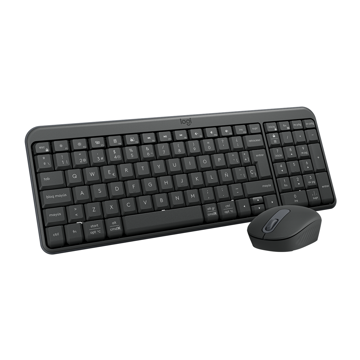 Un combo tastiera e mouse nero. La tastiera ha un layout standard con layout QWERTY USA.