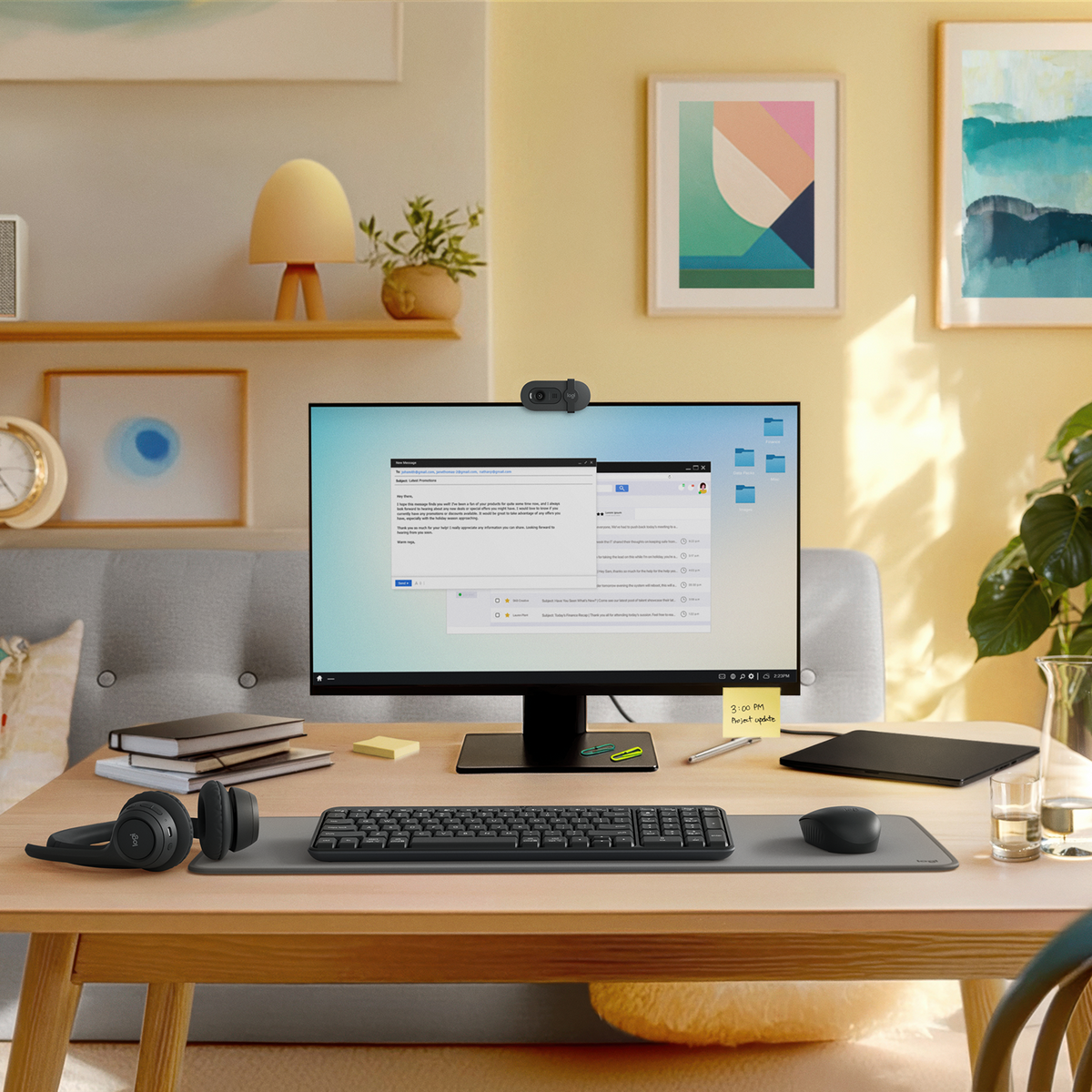 Una configurazione scrivania con computer, tastiera, mouse e cuffie. Un calendario è sul monitor.