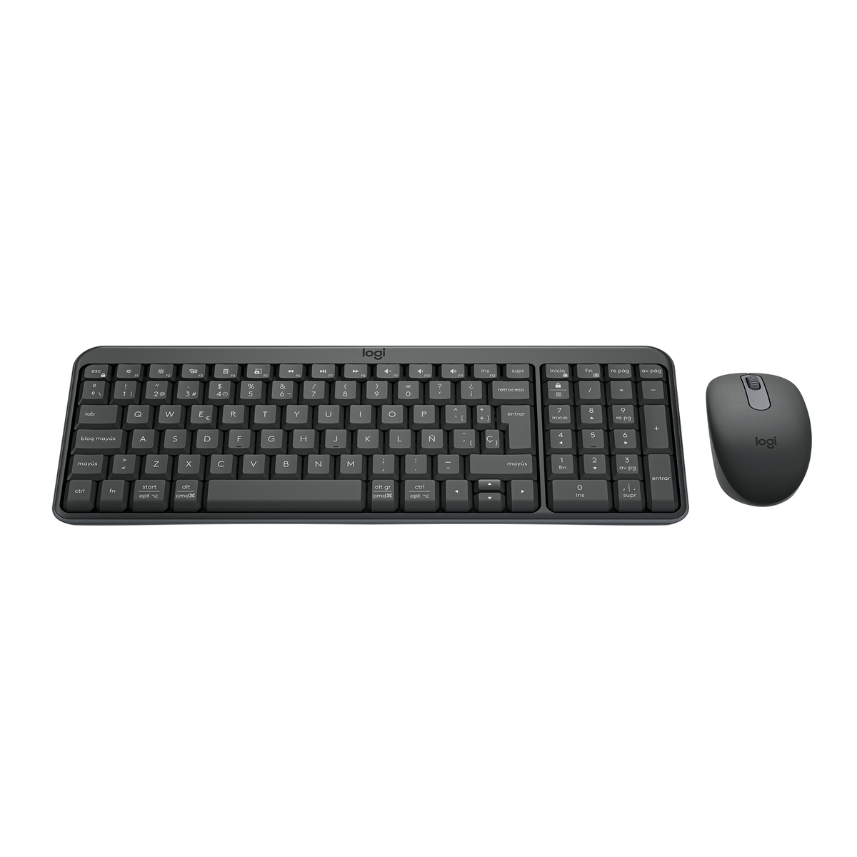 Un set di tastiera e mouse neri su sfondo bianco. I tasti della tastiera sono bianchi.