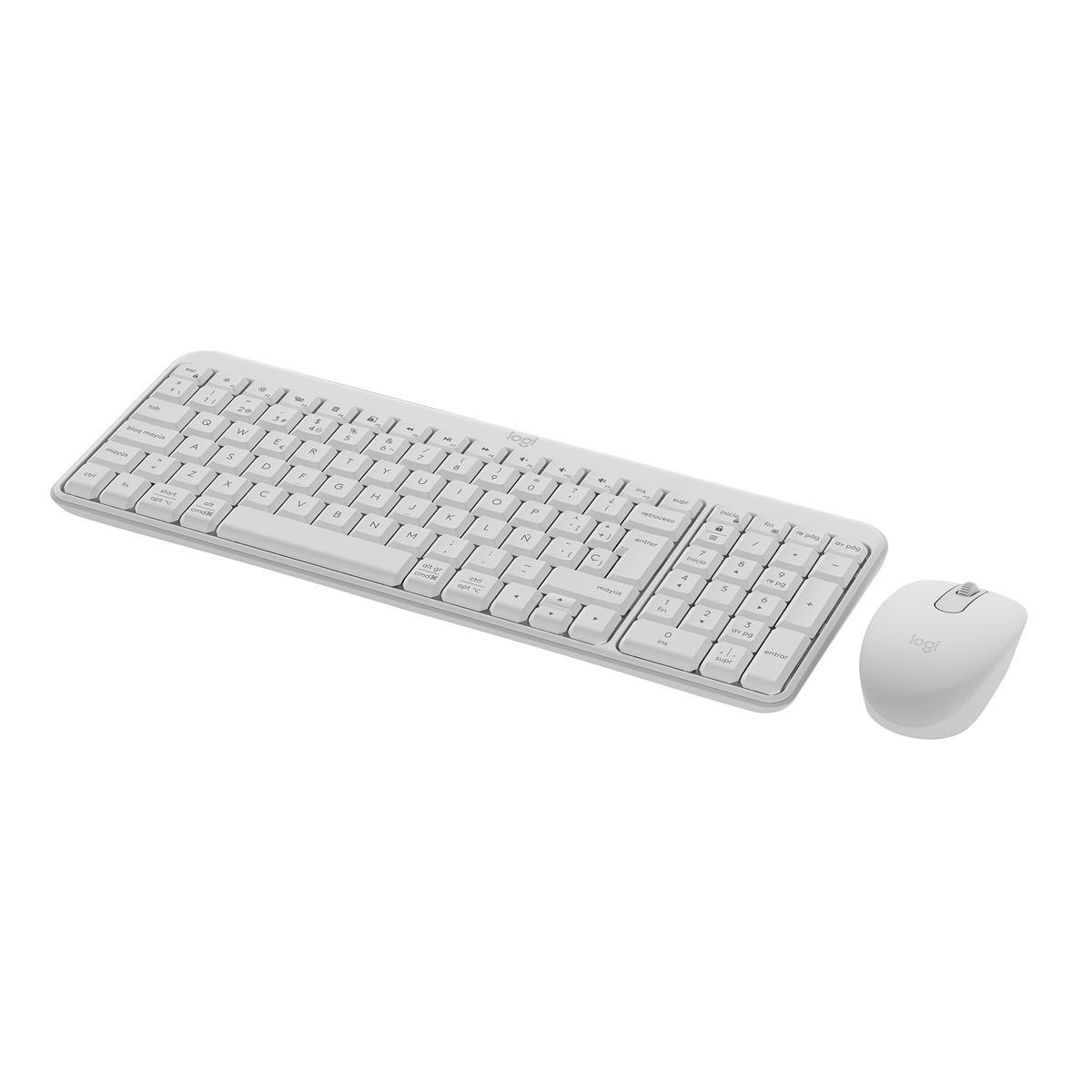 Una tastiera e un mouse bianchi. La tastiera è un layout QWERTY USA. Il mouse è bianco.