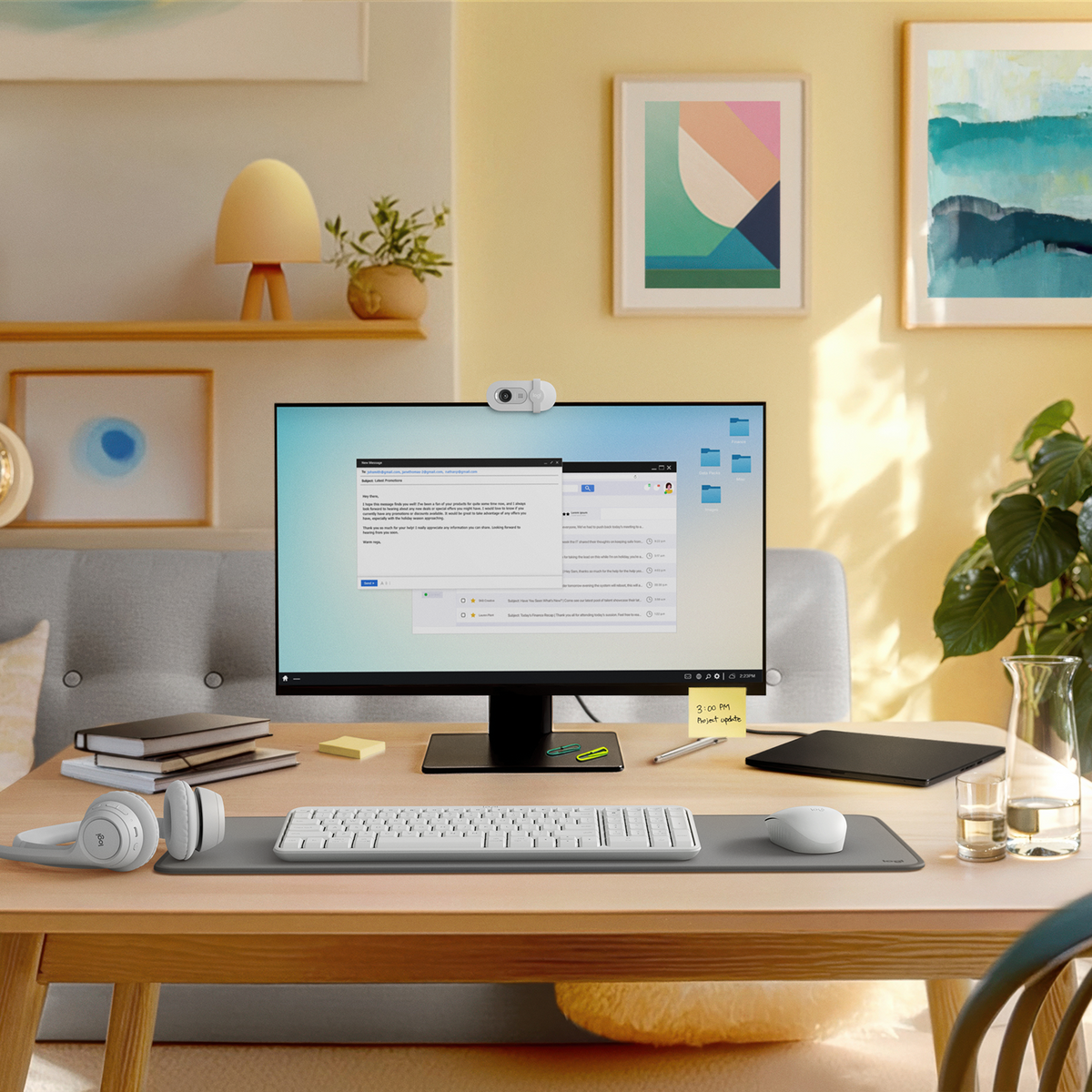 Una configurazione scrivania con computer, tastiera, mouse e cuffie. Quadri e una lampada sulla parete.