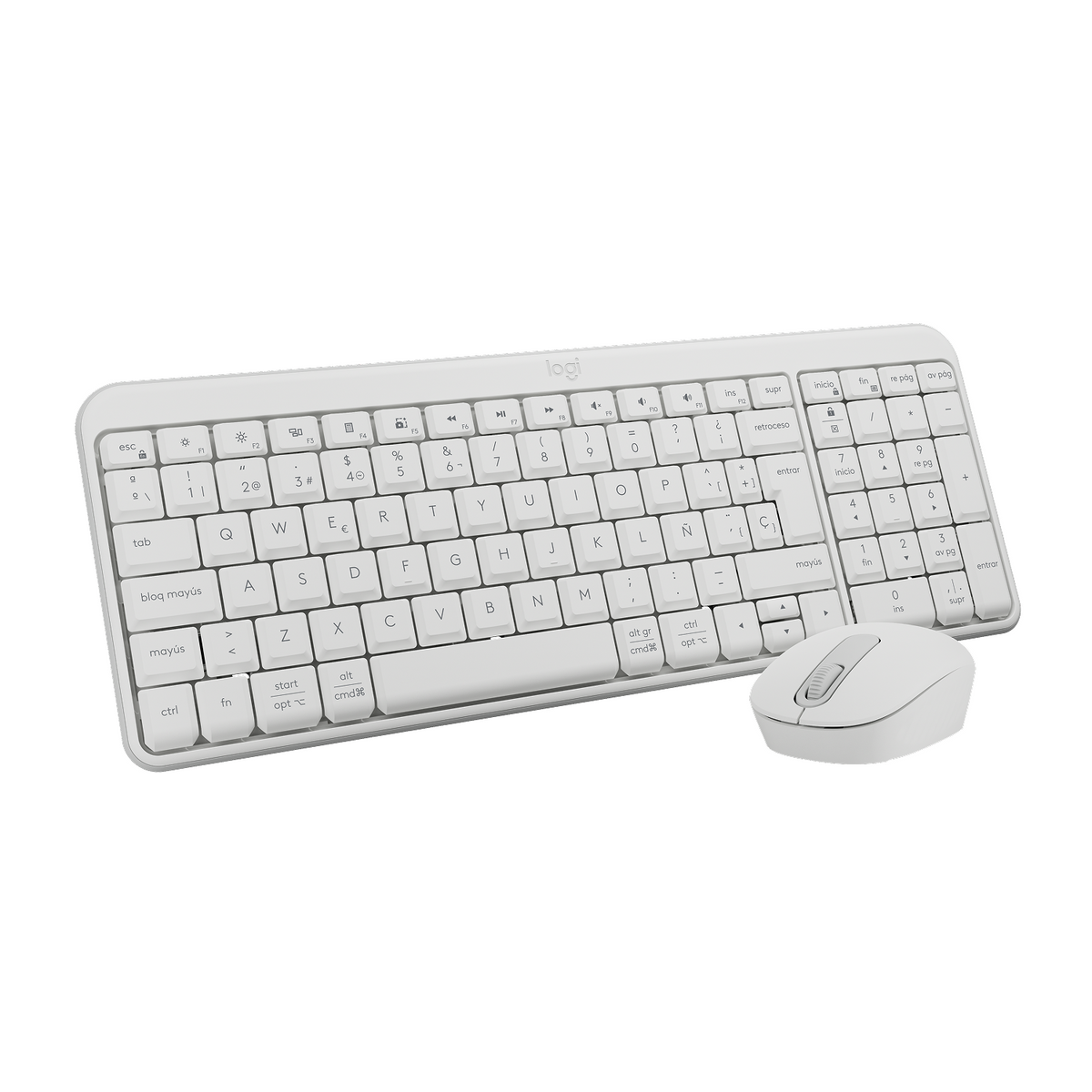 Tastiera e mouse wireless bianchi su superficie bianca. La tastiera ha un layout spagnolo.