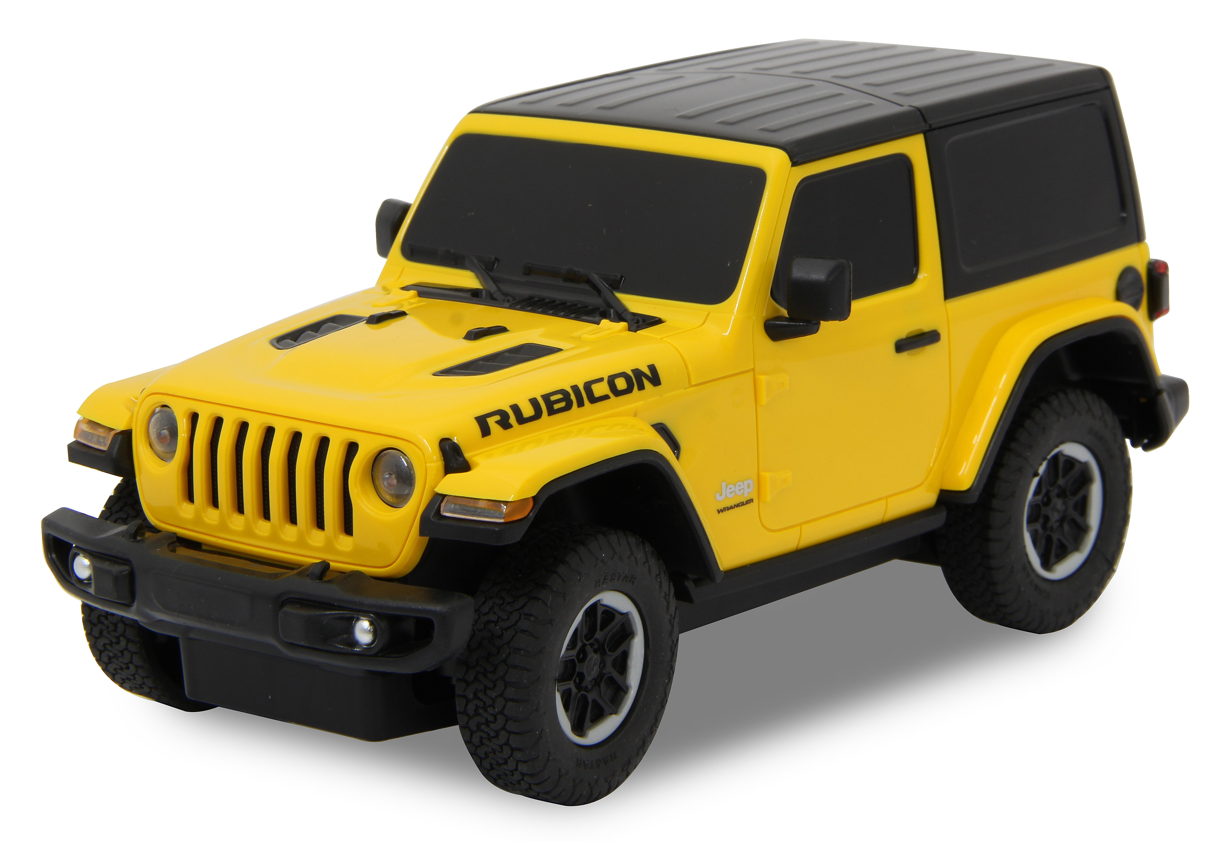 Gelbes Jeep Rubicon Spielzeugauto mit schwarzem Dach und Rädern, auf weißem Hintergrund.
