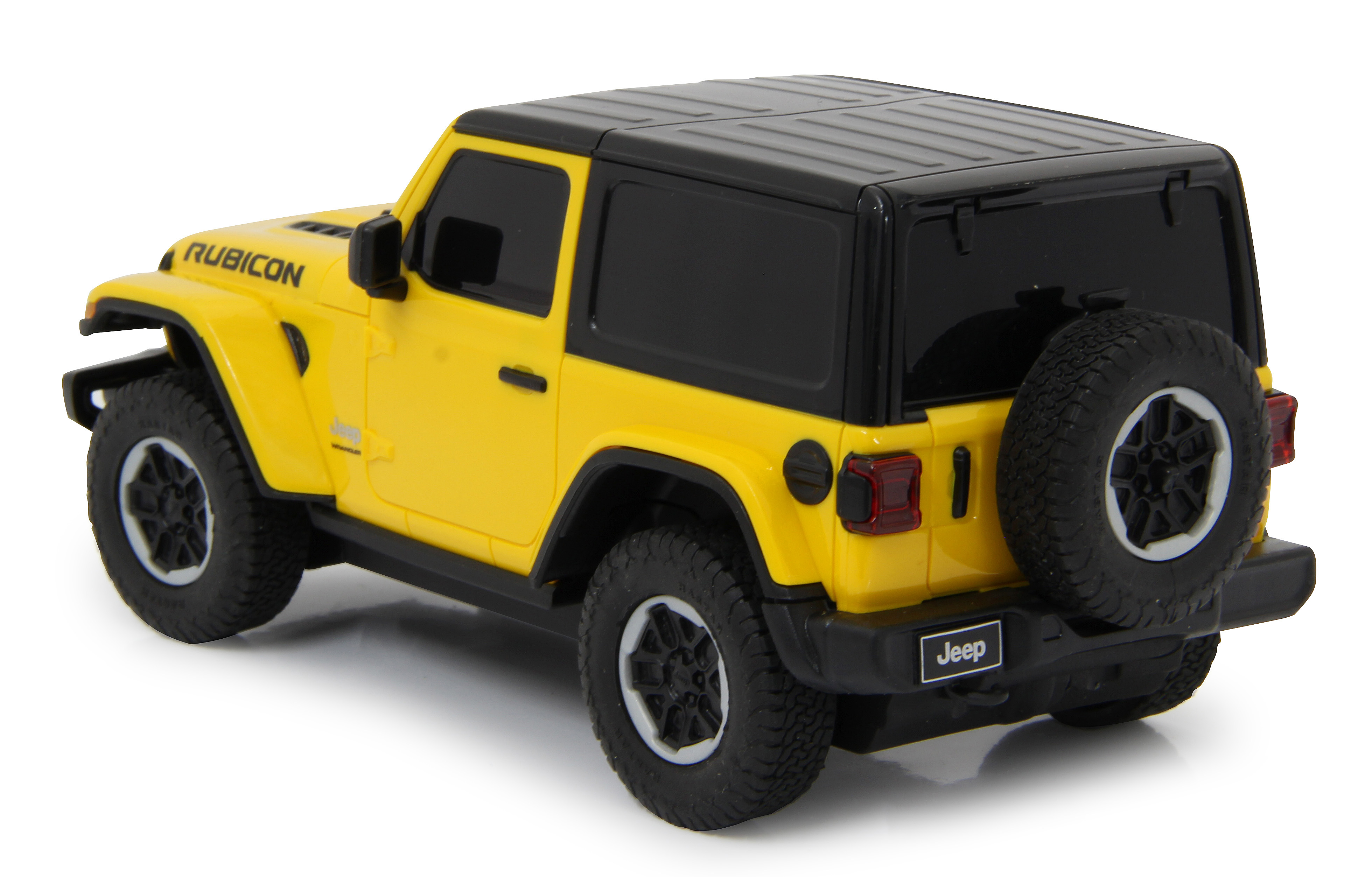 Gelbes Jeep Wrangler Spielzeugauto mit schwarzem Dach auf weißem Grund. Weißer Hintergrund.