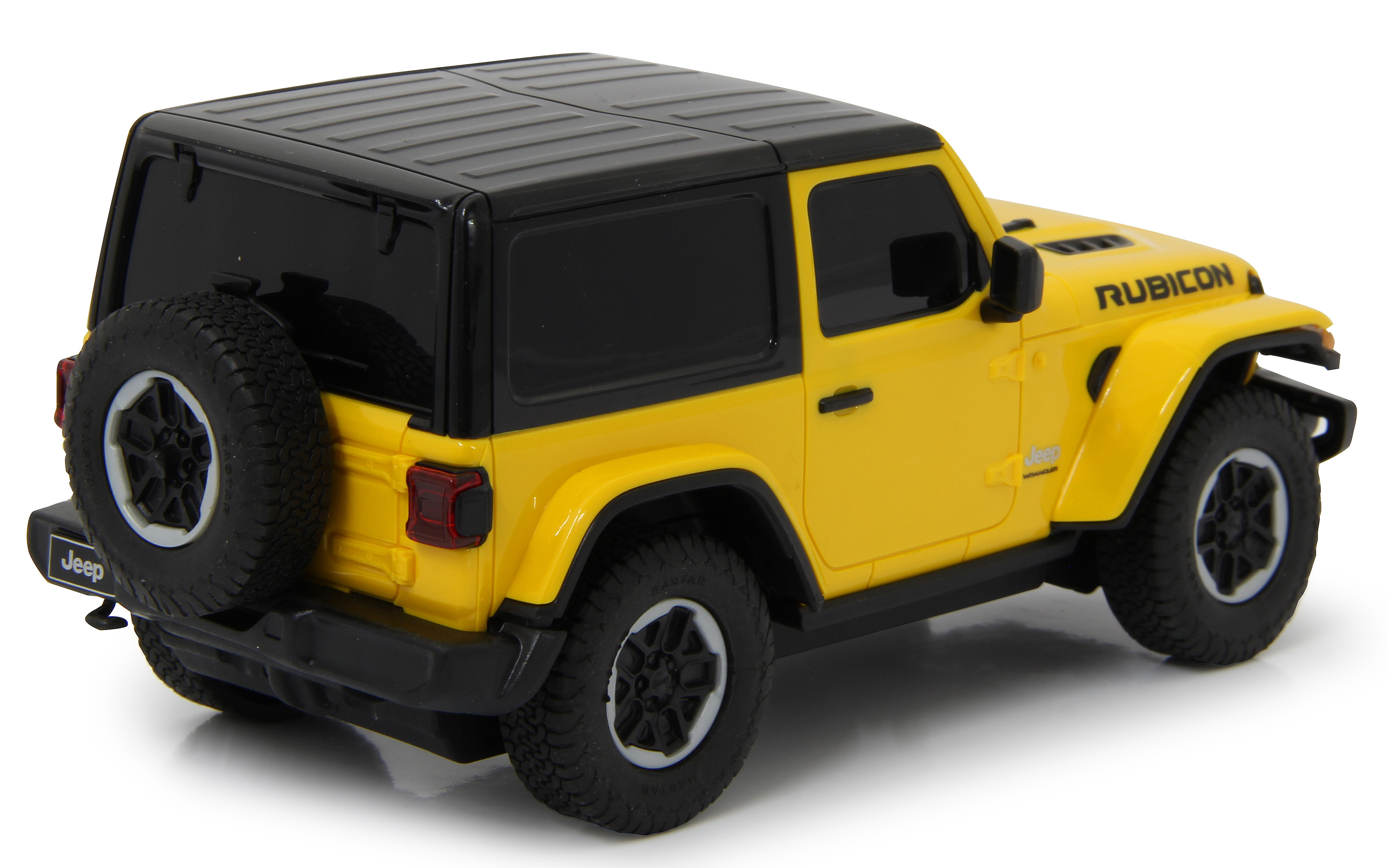 Gelber Jeep Wrangler Spielzeugauto mit schwarzem Dach, von hinten gesehen, auf weißem Grund.