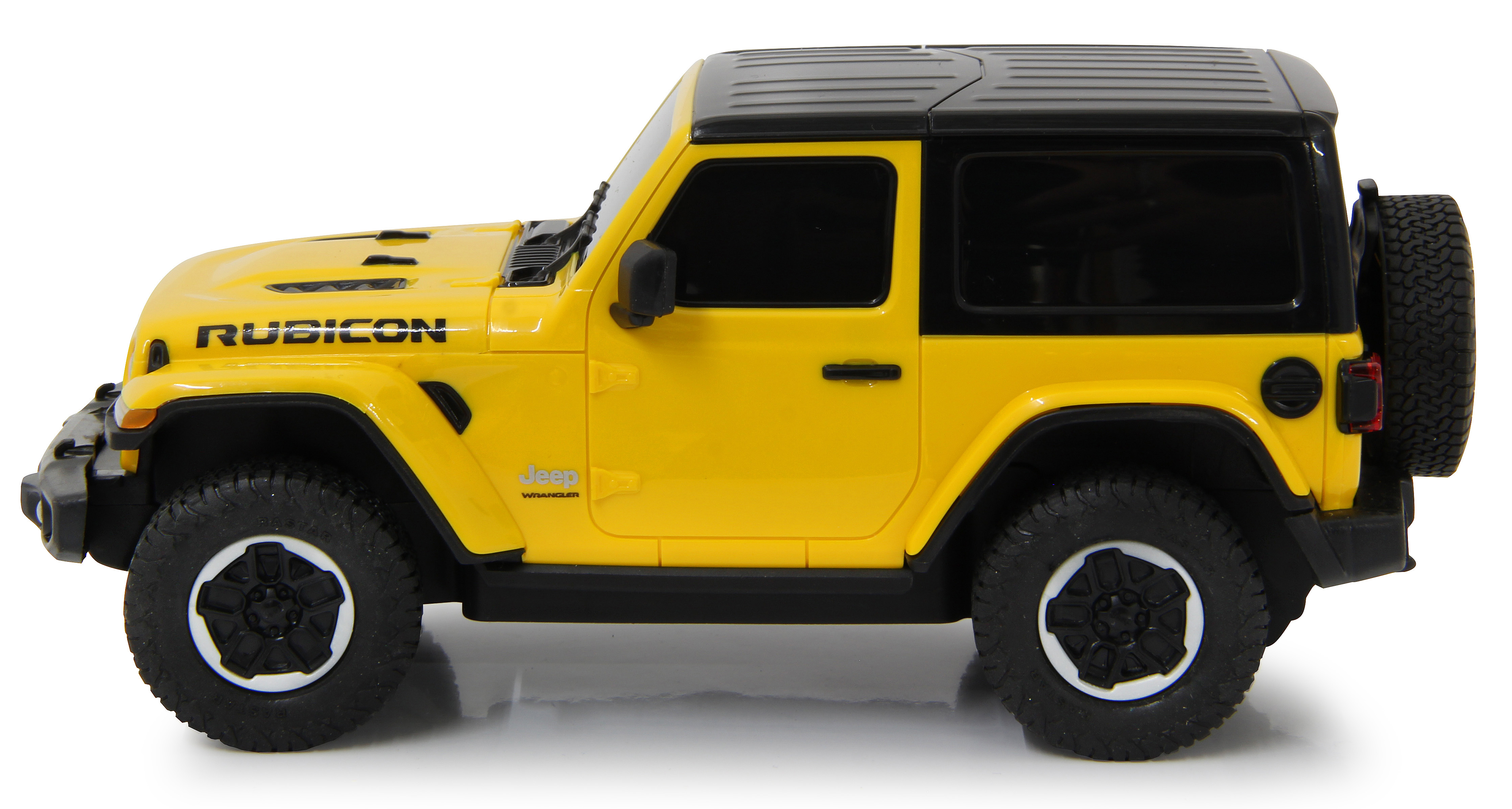 Seitenansicht eines gelben Jeep Rubicon Spielzeugautos mit schwarzem Dach, Rädern und Reserverad.