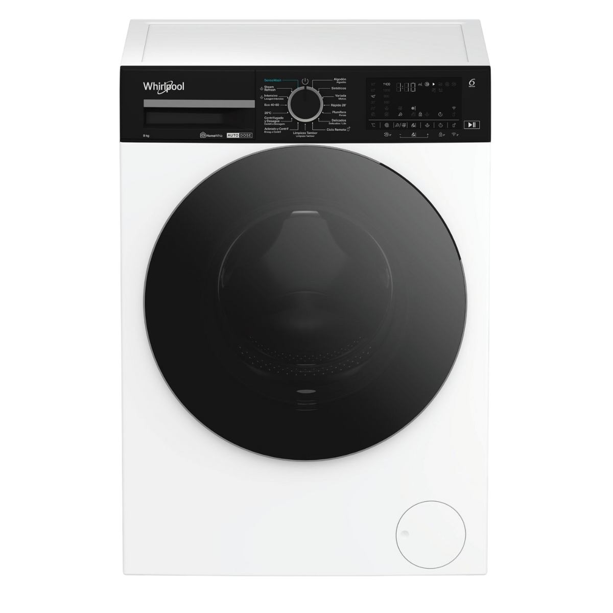 Biała pralka z czarnymi drzwiami. Drzwi zamknięte. Widoczna marka Whirlpool.