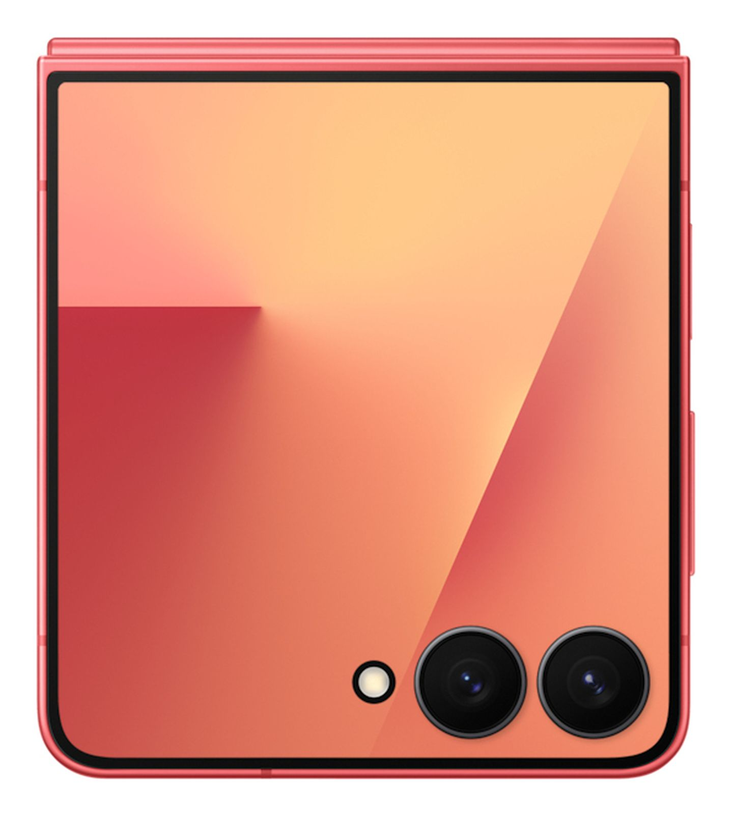 Składany koralowy telefon z dwoma aparatami, małym kółkiem i gradientowym ekranem.