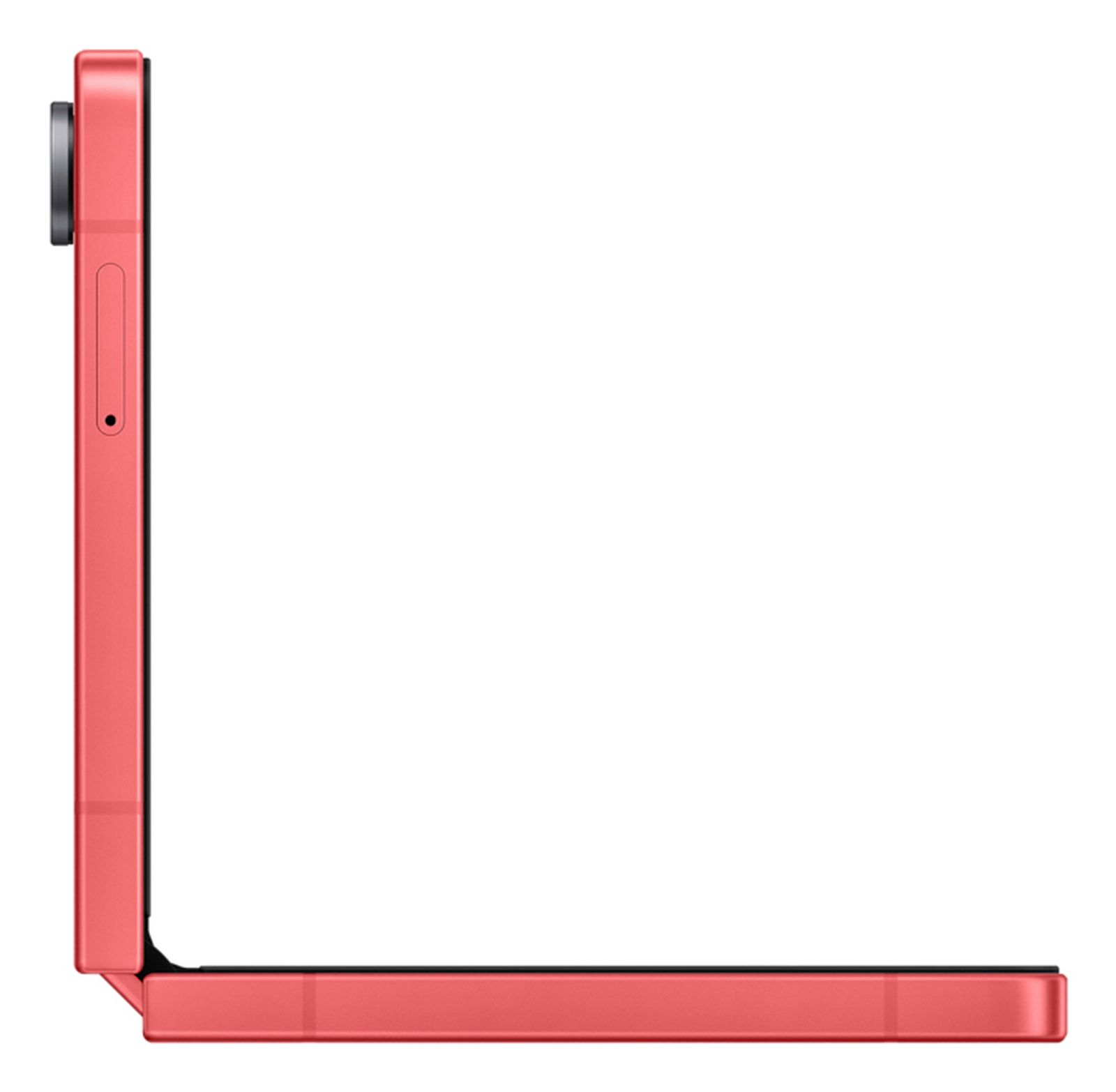 Widok z boku koralowego składanego telefonu, półotwartego. Telefon ma aparat.