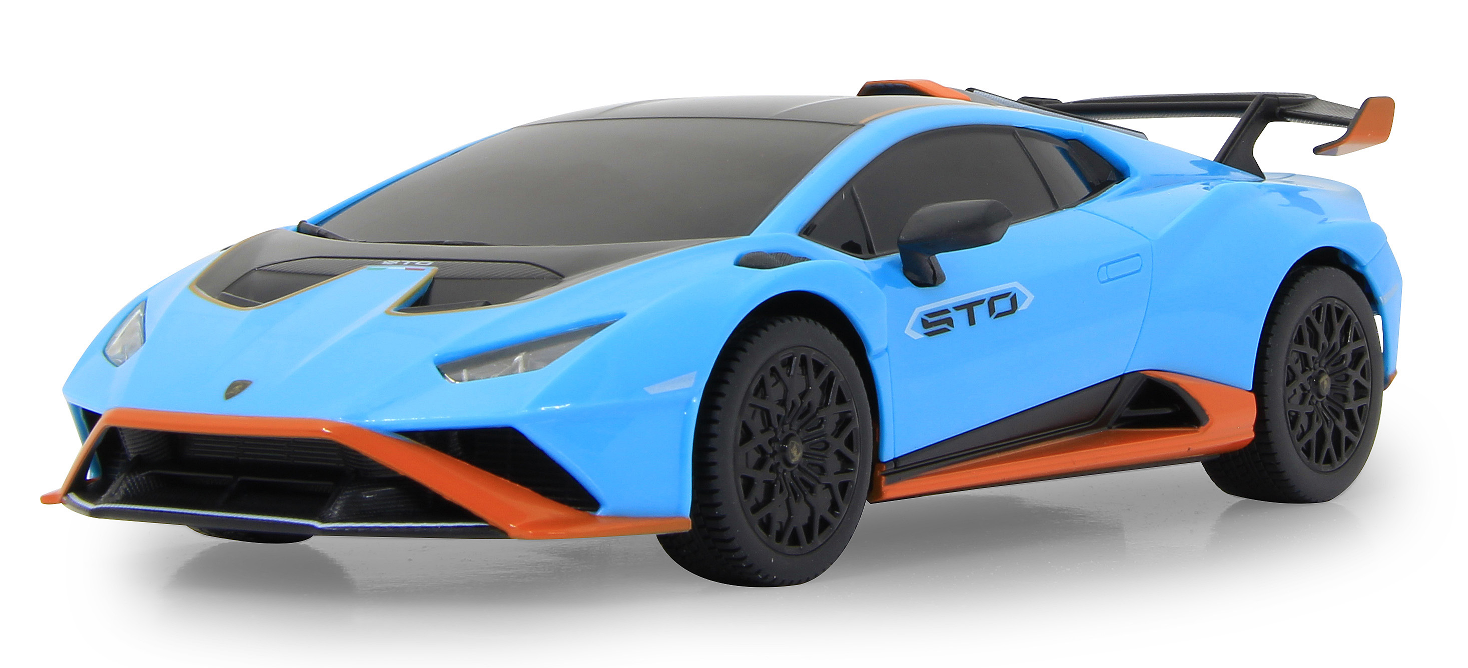Blau-oranges Spielzeugauto von vorne. Es ist ein Lamborghini Huracan STO Modell.
