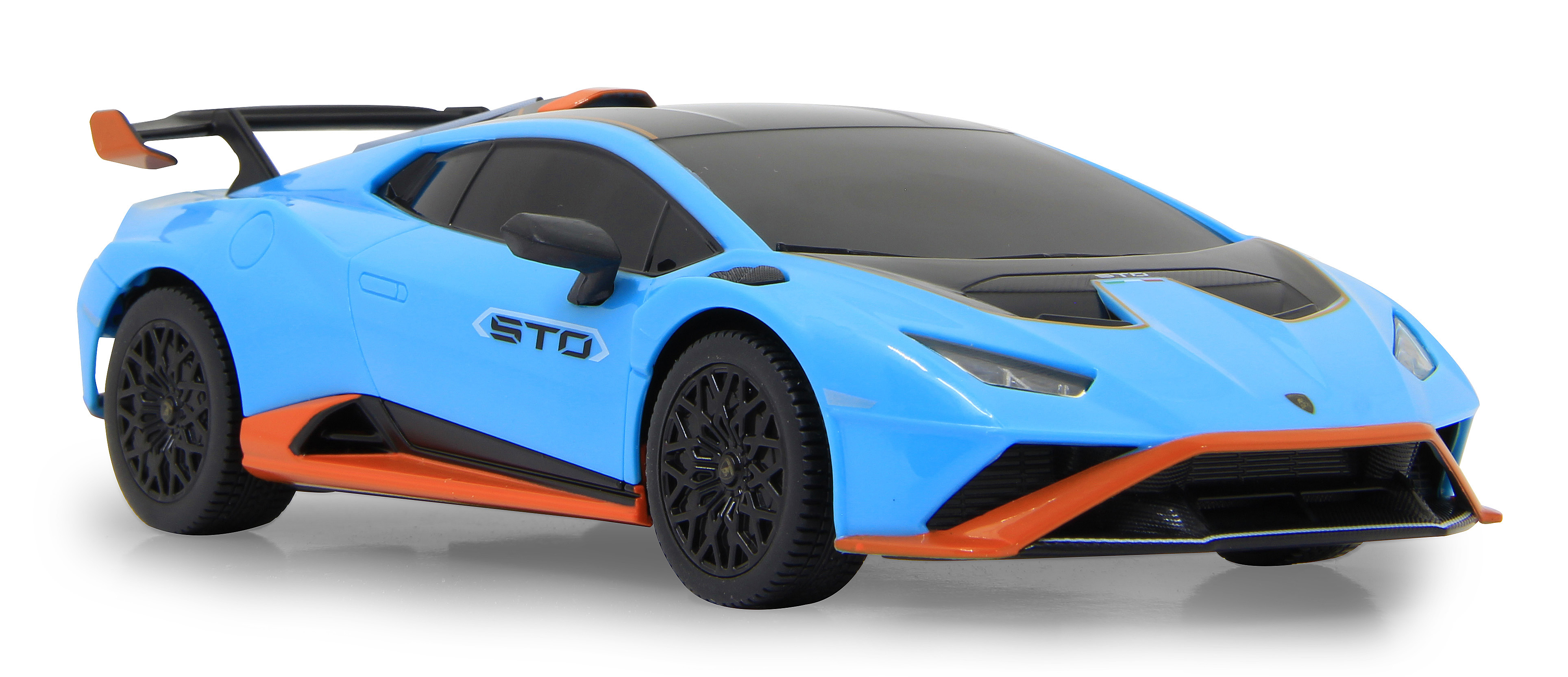 Rotes Lamborghini-Spielzeugauto mit geöffneten Türen und Fernbedienung. Hat goldene Räder und Lichter.