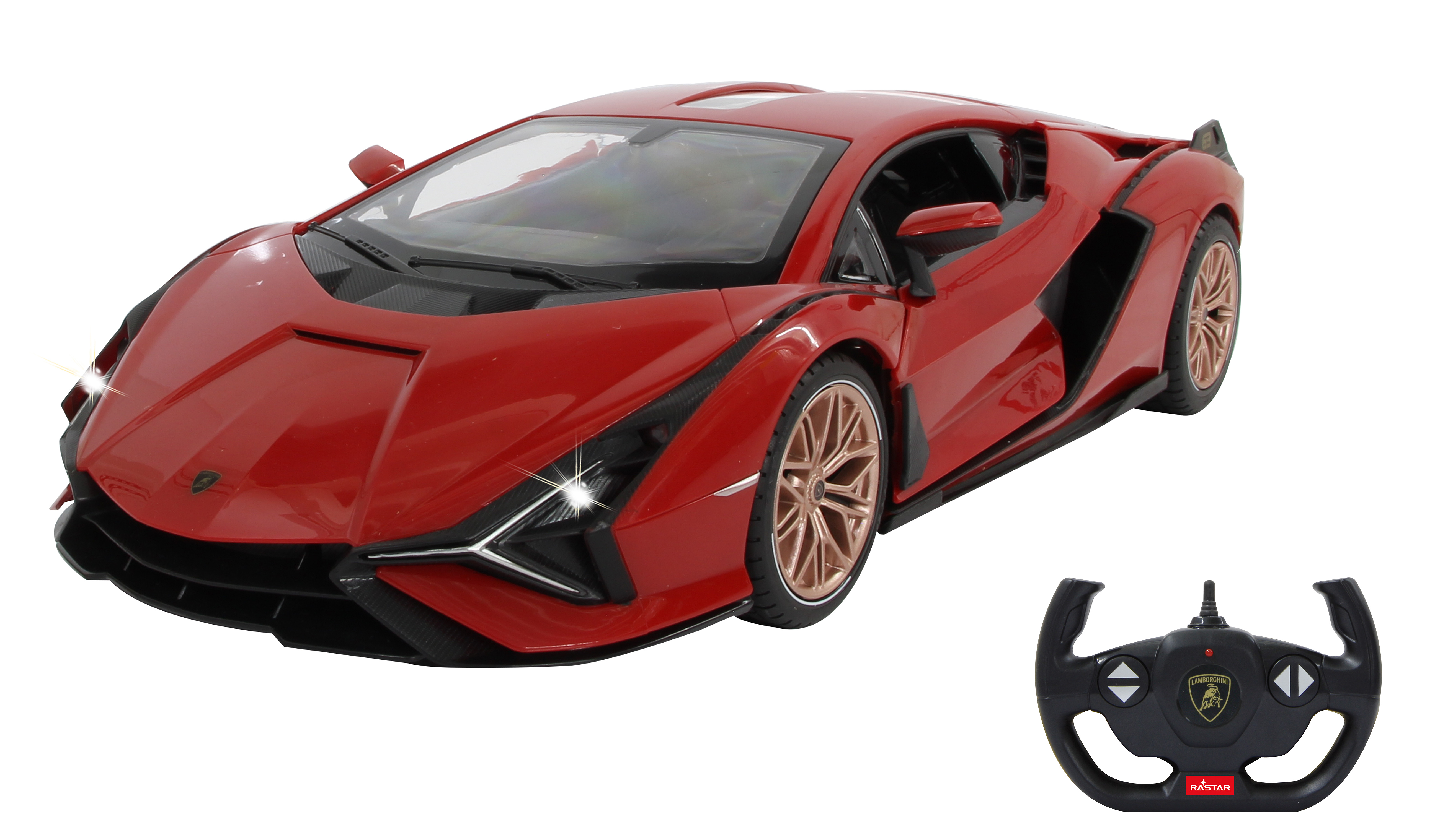 Rotes Lamborghini-Spielzeugauto mit schwarzen Akzenten und Fernbedienung, auf weißem Hintergrund.