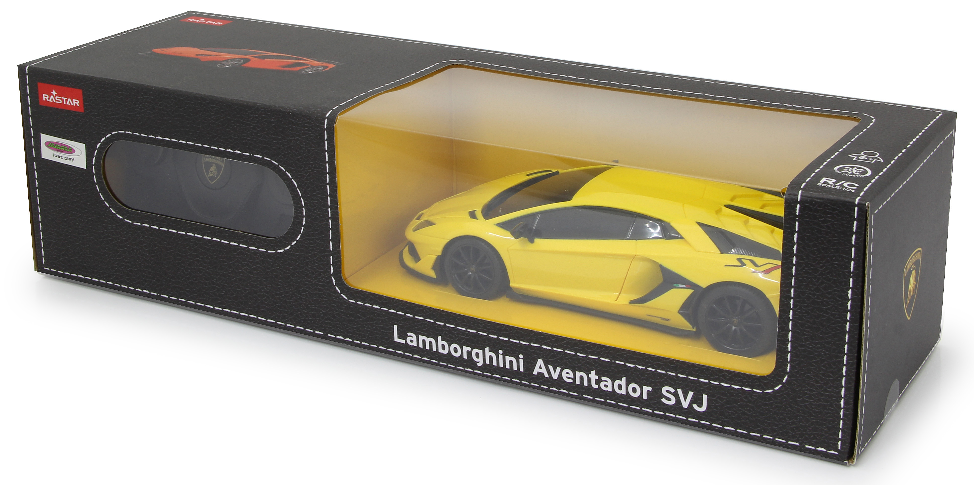 Coche modelo Lamborghini Aventador SVJ amarillo en caja.