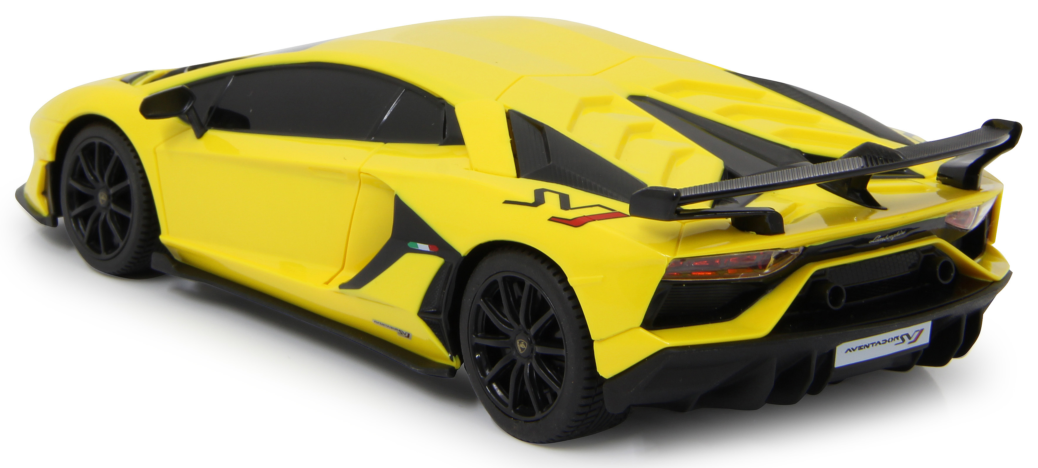 Coche modelo Lamborghini Aventador SVJ amarillo de lado.