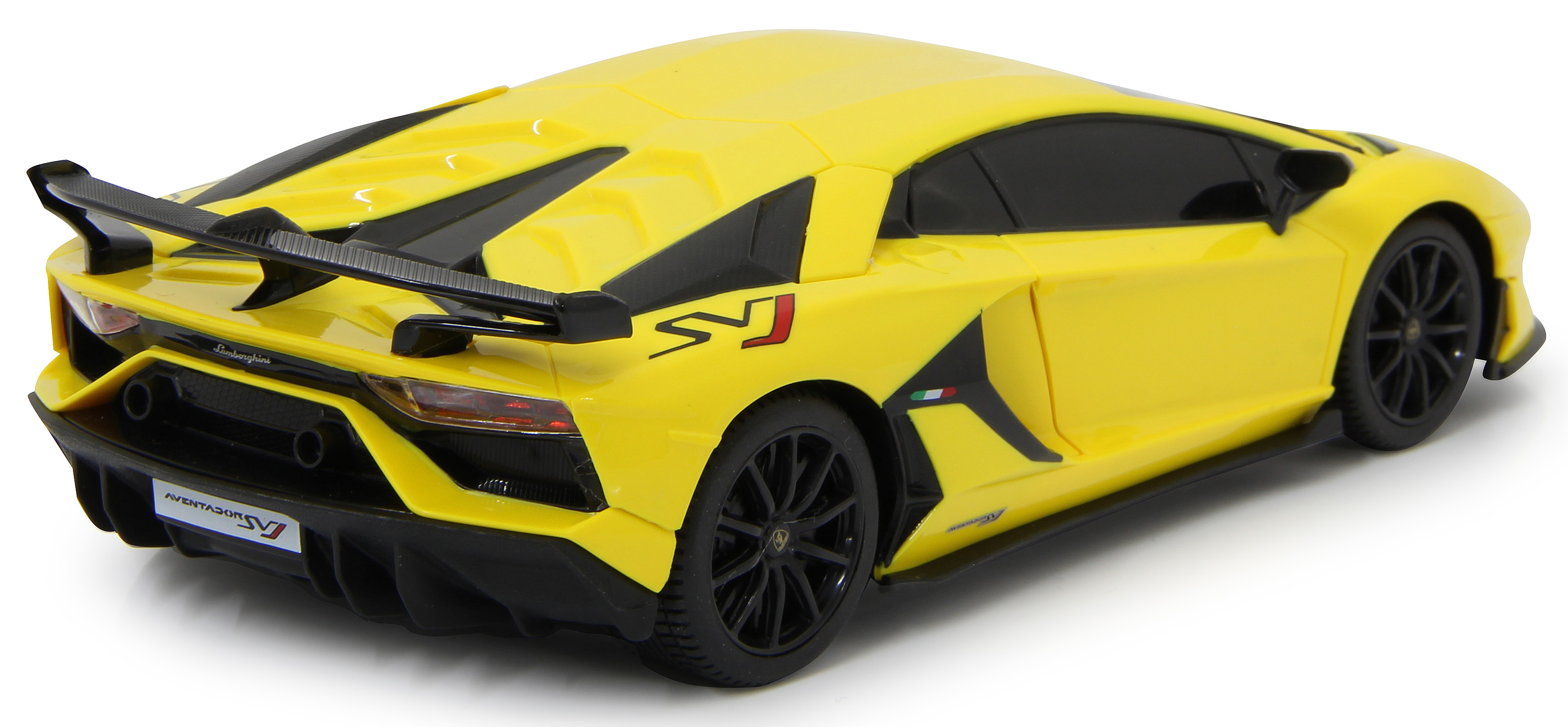 Coche modelo amarillo Lamborghini Aventador SVJ visto desde atrás.
