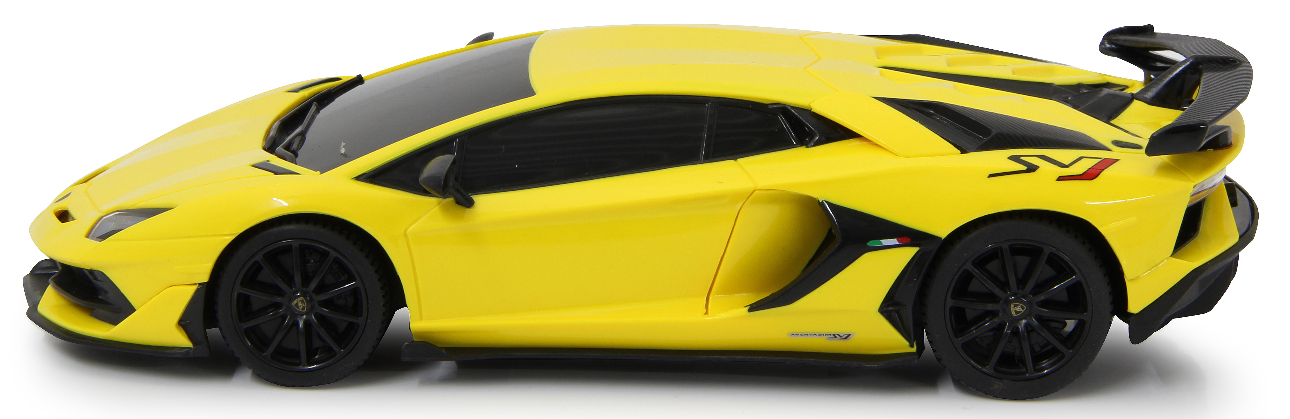 Coche modelo Lamborghini Aventador SVJ amarillo de lado.