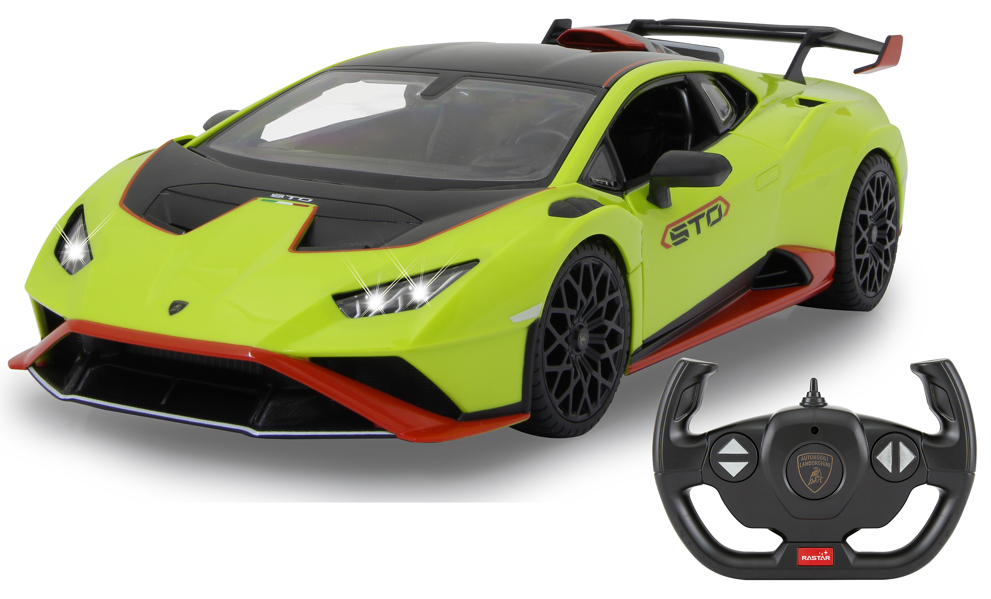 Grünes Lamborghini Huracan STO ferngesteuertes Auto mit schwarzem Controller.