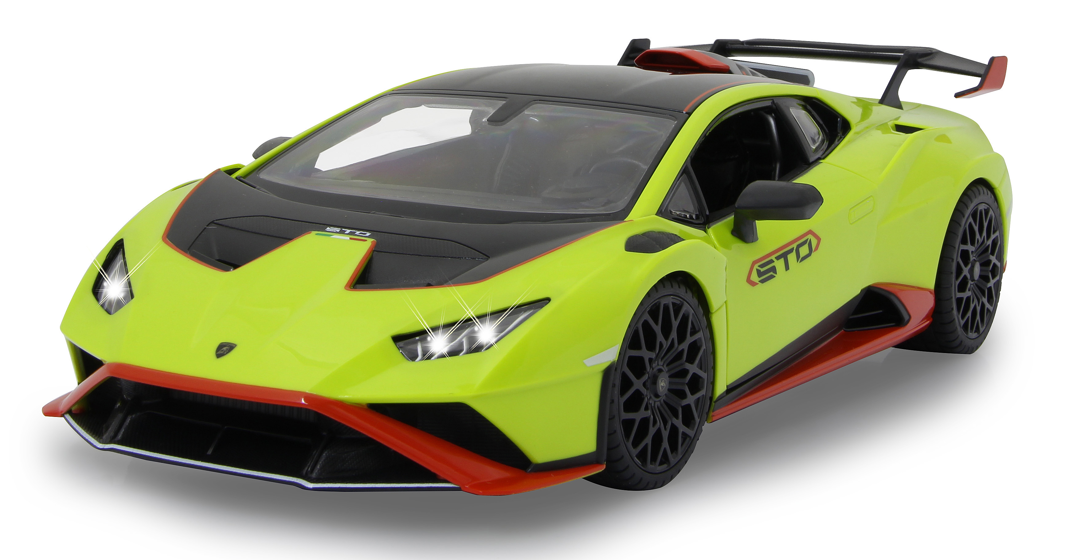 Ein hellgelbes Lamborghini-Spielzeugauto. Es hat schwarze Akzente und eine rote Zierleiste. Scheinwerfer sind an.